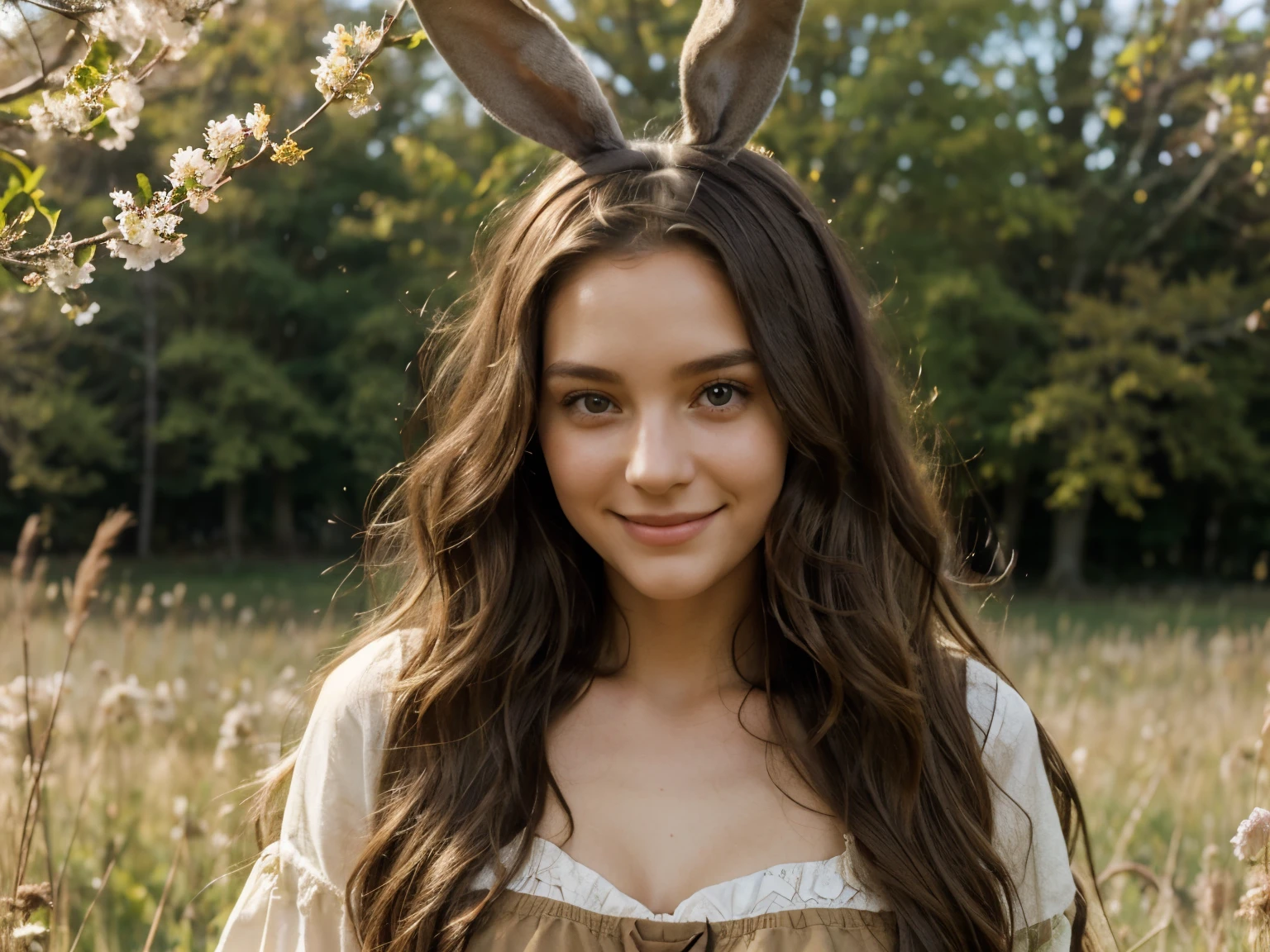 1girl, beautiful, 25 years old, tall, long dark wavy hair, hazel eyes, earthy makeup, cute, nice face, innocent, on a meadow in spring, sunny weather, wearing a bunny custume, very happy, smiling