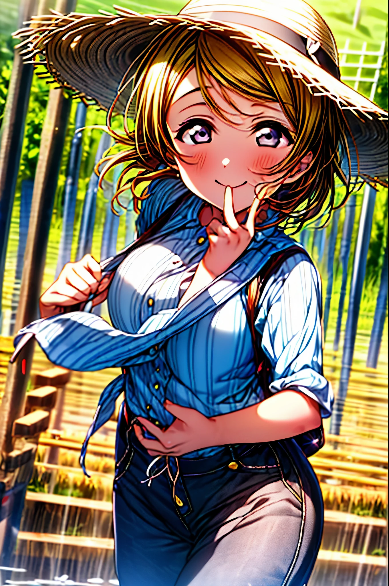 (((pixel perfect, Perfect in every detail))), alone, 1 girl, Hanayo Koizumi, brown hair,short hair,purple eyes,looking at the viewer, smile,straw hat,concealment of work　overalls,rice planting boots,Paddy field,Rice cultivation,Sunny,countryside,(masterpiece:1.2), highest quality, High resolution, unity 8k wallpaper, (shape:0.8), (beautiful and detailed eyes:1.6), highly detailed face, perfect lighting, Very detailed CG, (perfect hands, perfect anatomy),