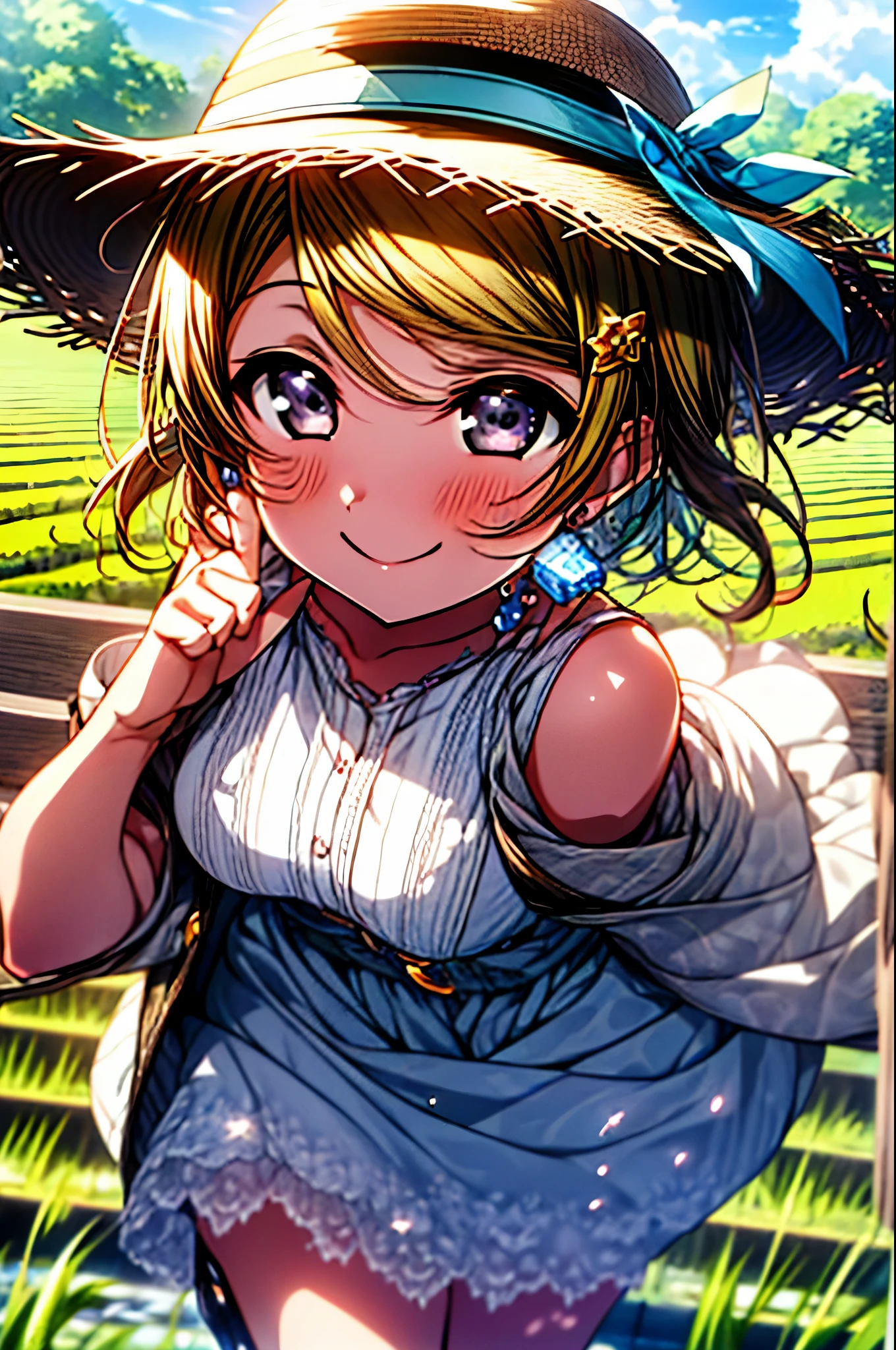 (((pixel perfect, Perfect in every detail))), alone, 1 girl, Hanayo Koizumi, brown hair,short hair,purple eyes,looking at the viewer, smile,straw hat,concealment of work　overalls,rice planting boots,Paddy field,Rice cultivation,Sunny,countryside,(masterpiece:1.2), highest quality, High resolution, unity 8k wallpaper, (shape:0.8), (beautiful and detailed eyes:1.6), highly detailed face, perfect lighting, Very detailed CG, (perfect hands, perfect anatomy),