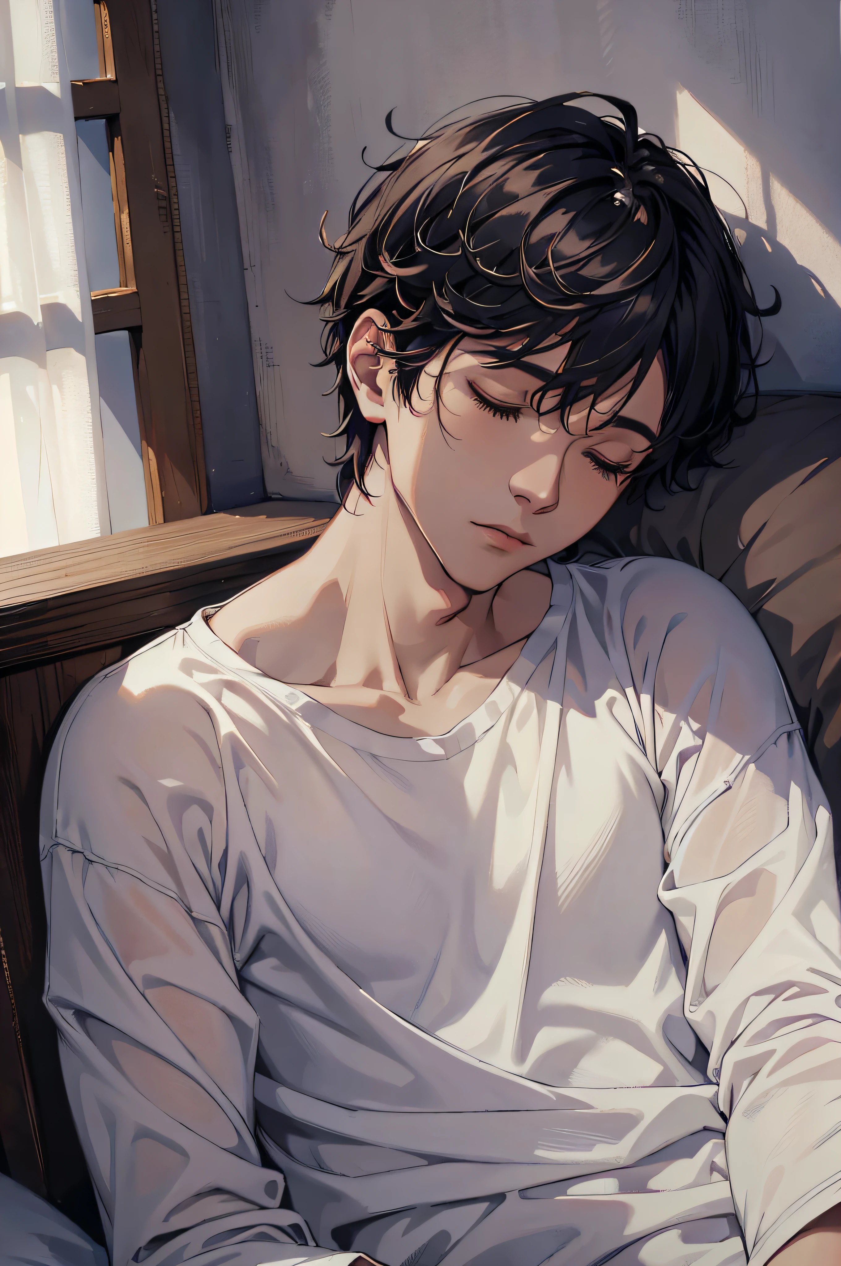 (Ridiculous, high resolution, Super detailed), masterpiece, best quality, 1 person, sleep, side sleep, short hair, white pajamas, dark bedroom is background,