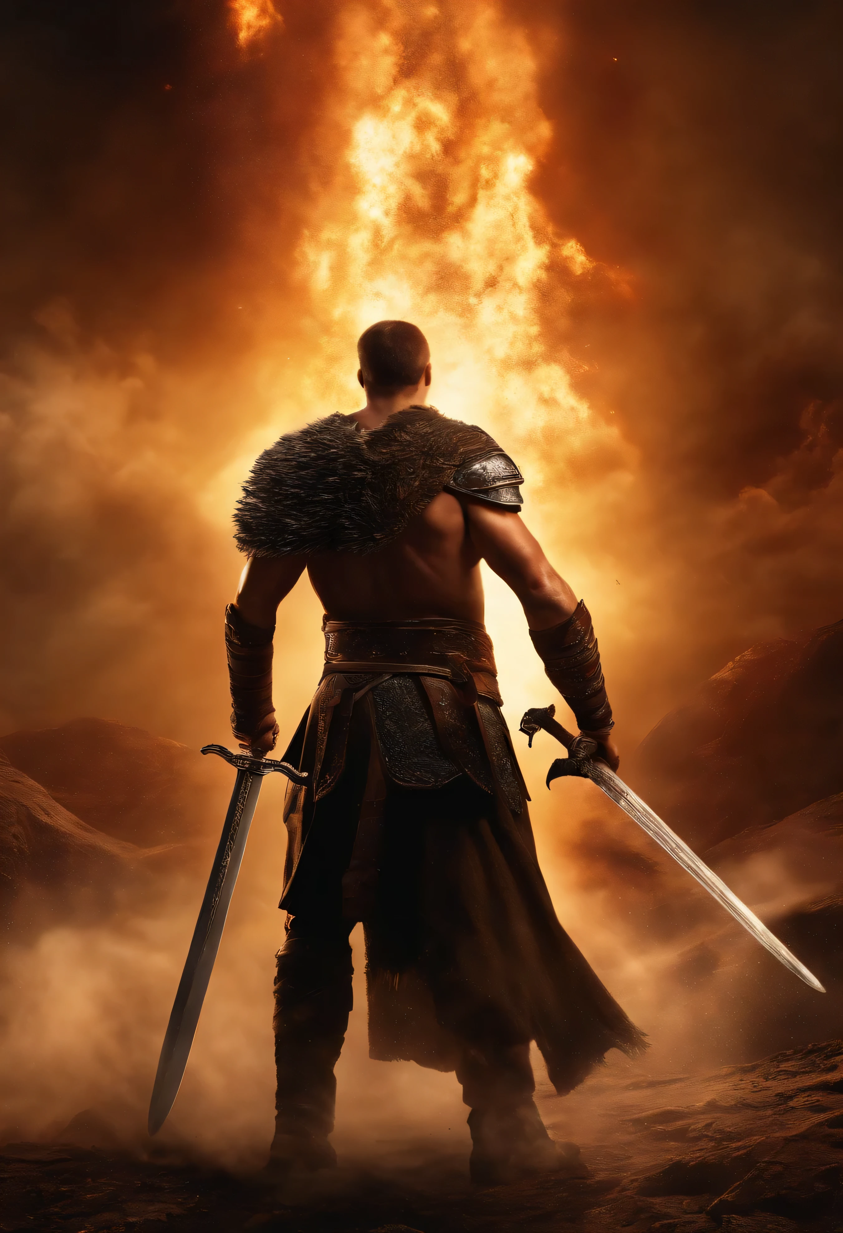 Photo of a man holding a bastard sword, 1 person, barbarian,  (masterpiece, highest quality), particle effects, Background of a spectacular explosion, wonderful, HDR, At night, very detailed, (cell shading:1.2), ray tracing, total chad