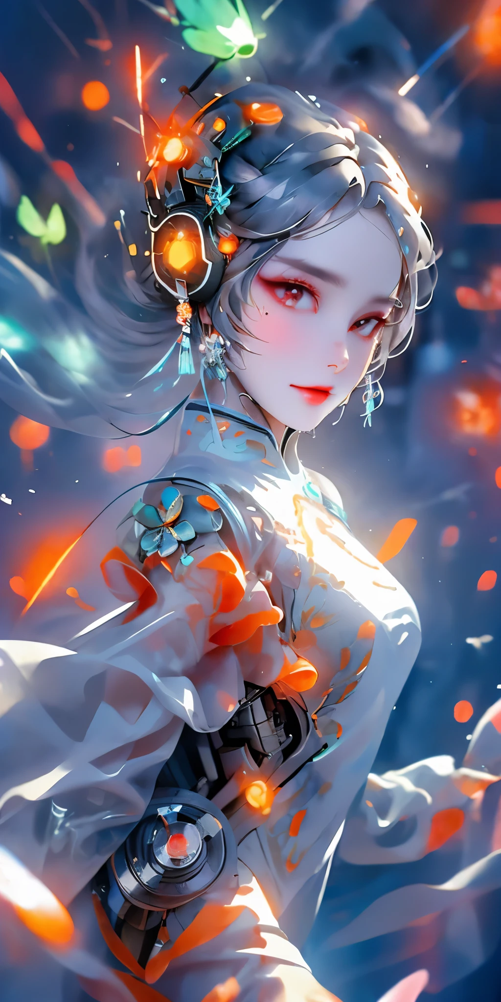 1 girl, Chinese_clothing, liquid silver and tangerine, cyberhan, cheongsam, cyberpunk city, dynamic poses, Detailed glowing headphones, Luminous hair accessories, long hair, Luminous earrings, glow necklace, cyberpunk, 高science and technology城, full of mechanical and futuristic elements, futuristic, science and technology, glowing neon lights, tangerine, tangerine light, Transparent tulle, Transparent streamers, laser, digital background city sky, big moon, There is a vehicle, best quality, masterpiece, 8k, character rim light, Ultra-high detail, high quality, The most beautiful woman in mankind, smile, Face forward and symmetrical, earring, beautiful student, Lighting effects, visual data, Silvery-white hair, Ultra-detailed facial texture