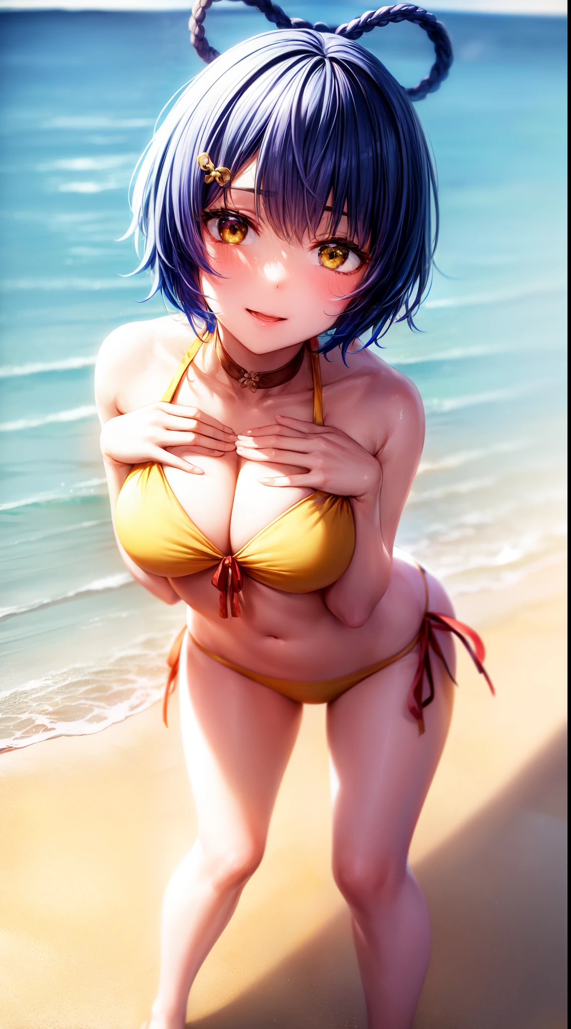 anime, beautiful face, highly detailed face, (2 accurate legs:1), yellow detailed eye, highly detailed beach background, perfect lighting, (perfect hands:1.2), best lighting, (no shadows:1.4), 1girl, solo, outdoors, genshin impact, xiangling, (beautiful blue hair:1.2), hair ornament, absurdres, high res, ultrasharp, 8K, masterpiece, (looking at viewer:1.2), excited smile, facial expressions full of love, BREAK (detailed sexy beach bikini:1.3), (sexy pose:1.3), standing up, (hands on chest:1.2), (leaning forward:1.2)