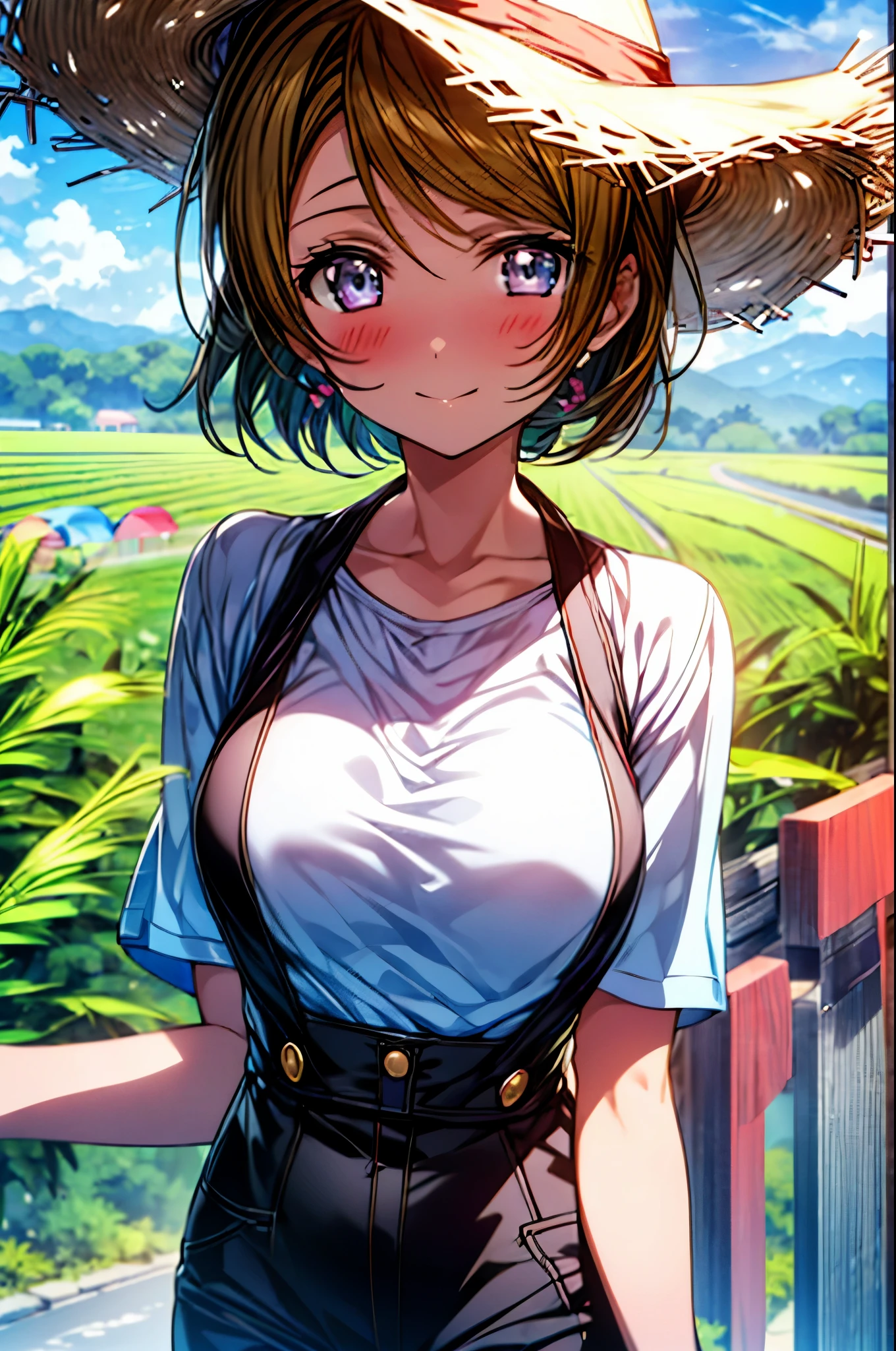 (((pixel perfect, Perfect in every detail))), alone, 1 girl, Hanayo Koizumi, brown hair,short hair,purple eyes,looking at the viewer, smile,straw hat、big breasts,concealment of work　overalls,rice planting boots,Paddy field,Rice cultivation,Sunny,countryside,(masterpiece:1.2), highest quality, High resolution, unity 8k wallpaper, (shape:0.8), (beautiful and detailed eyes:1.6), highly detailed face, perfect lighting, Very detailed CG, (perfect hands, perfect anatomy),