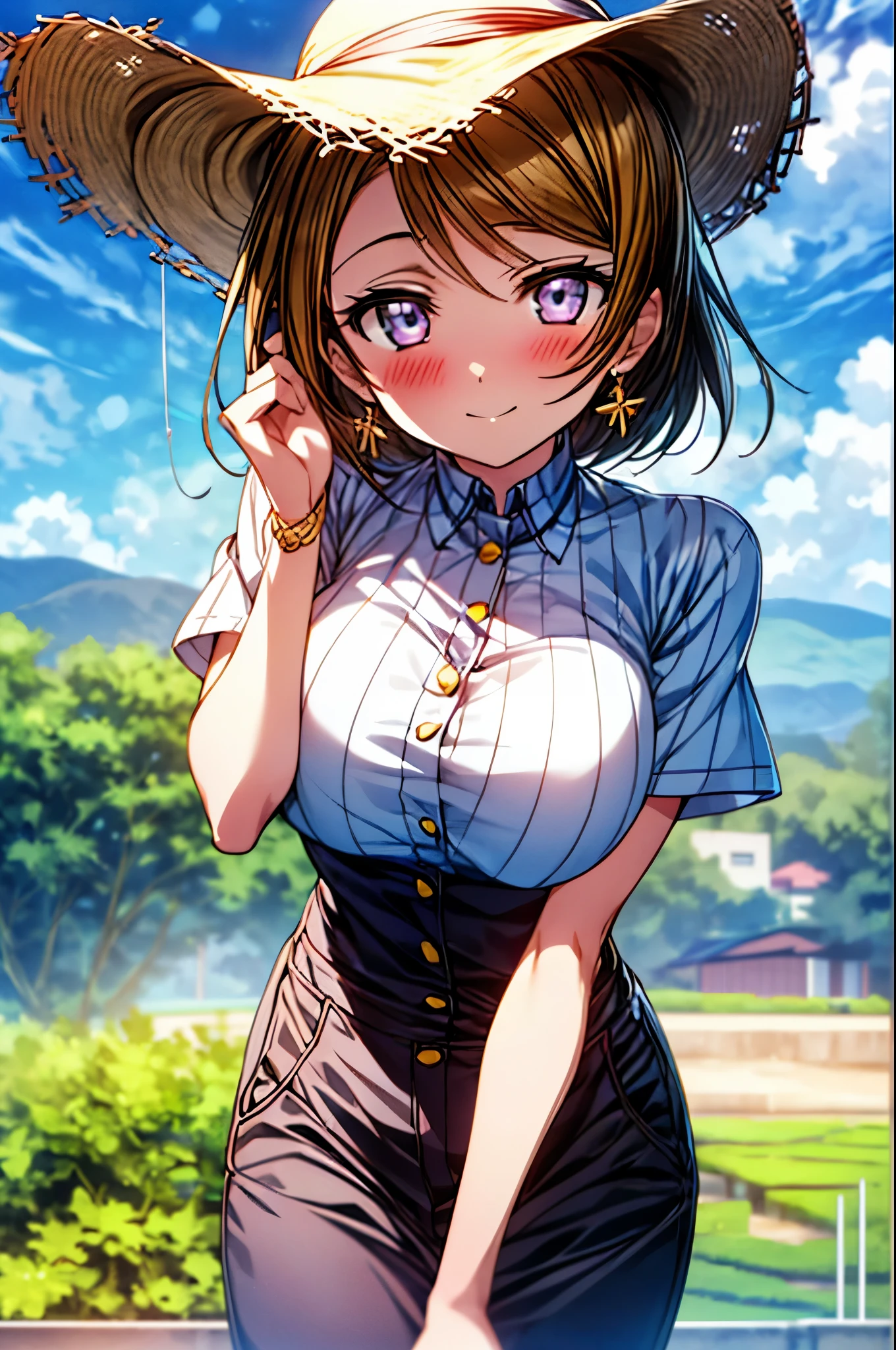 (((pixel perfect, Perfect in every detail))), alone, 1 girl, Hanayo Koizumi, brown hair,short hair,purple eyes,looking at the viewer, smile,straw hat、big breasts,concealment of work　overalls,rice planting boots,Paddy field,Rice cultivation,Sunny,countryside,(masterpiece:1.2), highest quality, High resolution, unity 8k wallpaper, (shape:0.8), (beautiful and detailed eyes:1.6), highly detailed face, perfect lighting, Very detailed CG, (perfect hands, perfect anatomy),