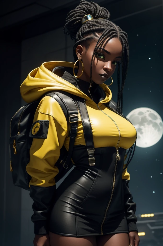 A captivating solo portrait of a deep ebony 1girl, exuding beauty and mystery, with a strikingly beautiful face, accentuated by black lips. The female character dons a yellow and black colored outfit, comprised of a backpack and a hoody jacket, adding an element of sports leisure and style. Her long hair cascades down her back, adorned with dangling earrings, while her green eyes gleam with intelligence and determination. Cybernetically enhanced, she adorns chunky Cuban link jewelry, showcasing her importance as a medium-breasted space crew member and holding a significant position. In the background, a moon base comes alive with spaceships,