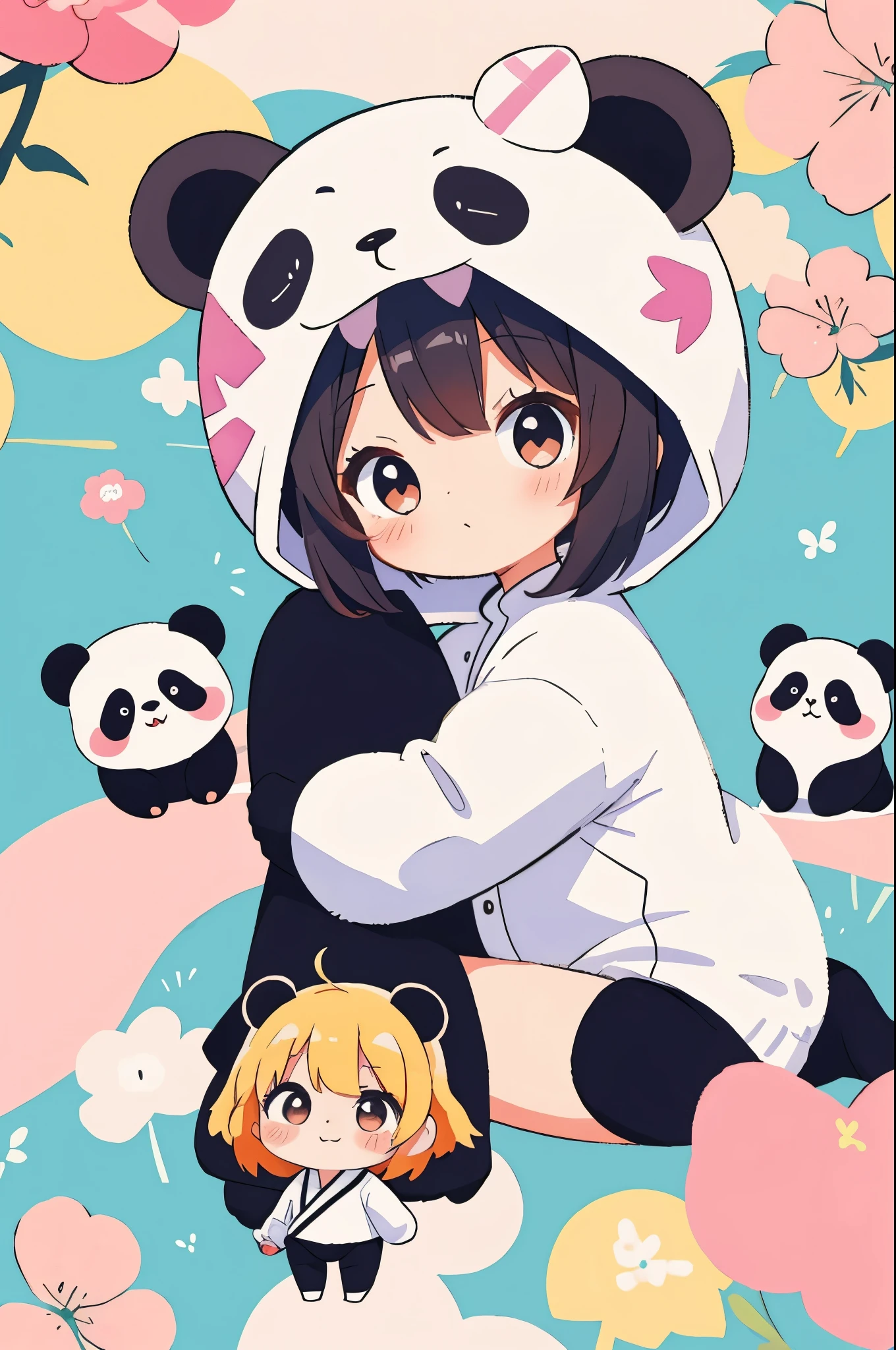 anime、Chibi girl wearing a panda costume、cute pose、Take a photo from the side