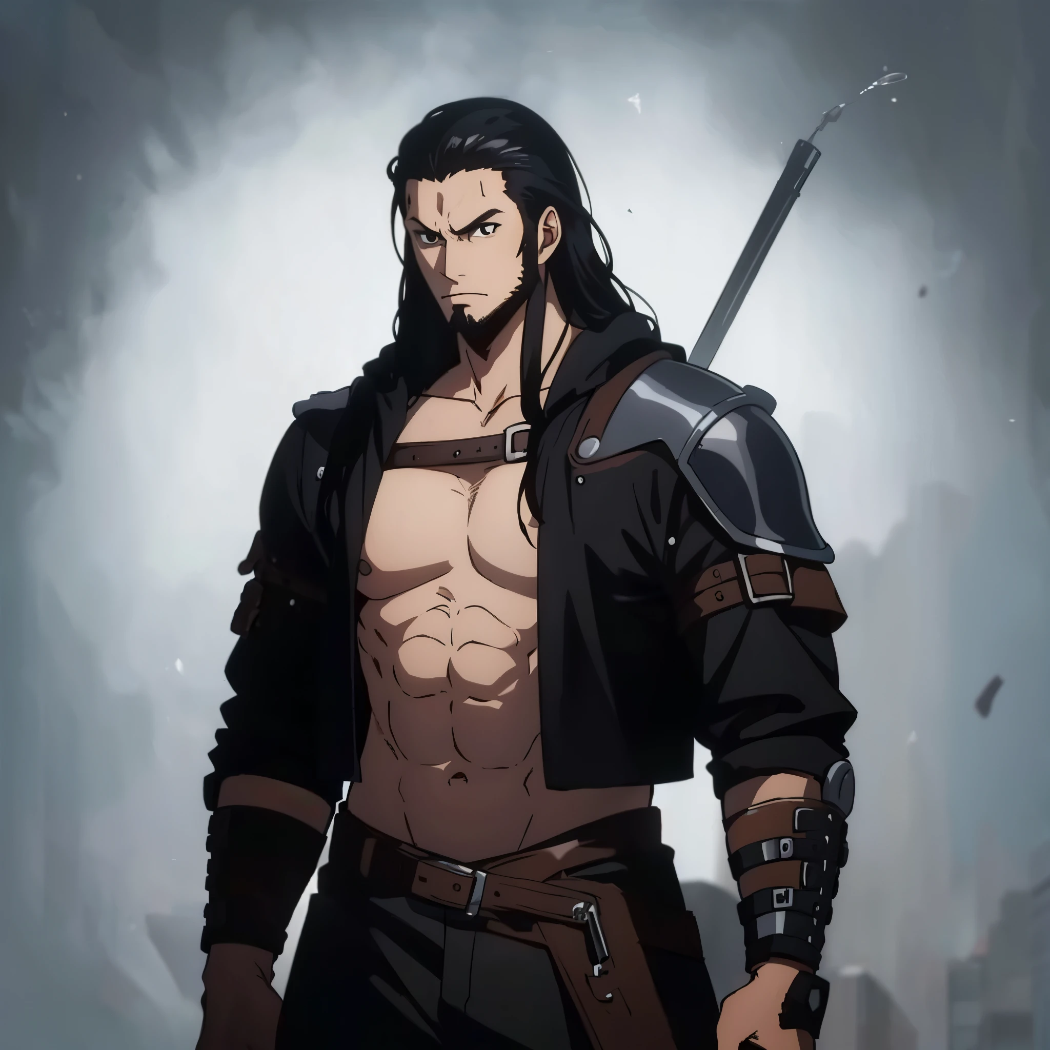 A tall, very strong man, fair skin, medium-length black hair, no beard, black eyes, Viking-style face, wearing only black pants and no shirt, looking at the camera, black background
