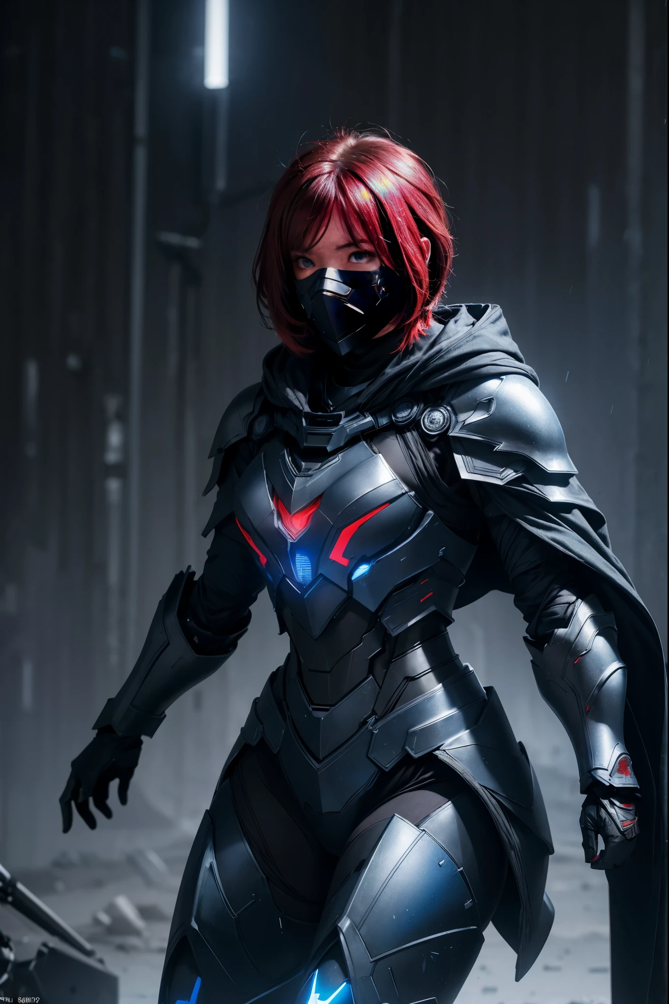 Advance heavy armored girl, grey hood and cape, background dark space battlefield, heavy rain, red short hair, blue glowing beautiful eyes, (full body shot), blue glowing lined simple armor plate, dark environment, high detailed face, Advance mask, intense war,