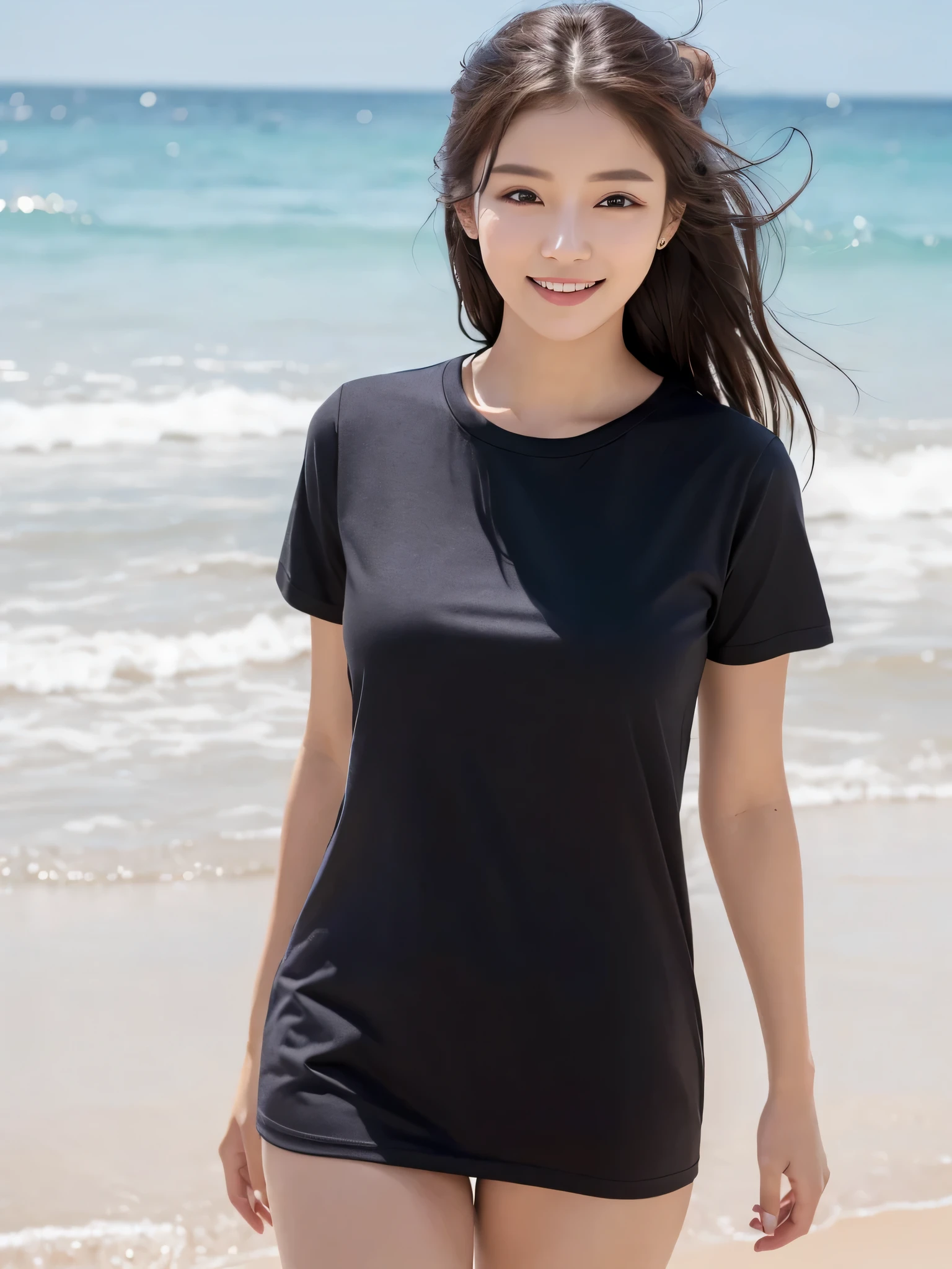one woman、((highest quality、8K masterpiece:1.3))、sharp focus:1.2、(super beautiful face:1.0)、(shiny skin:1.0)、realistic pictures、black haired、video writing、High resolution eyes and face、video writing、(cute korean actress)、from the front、beautiful breasts、smile、The beauty of slender abs、whole body、wearing a see-through T-shirt、on the beach at night