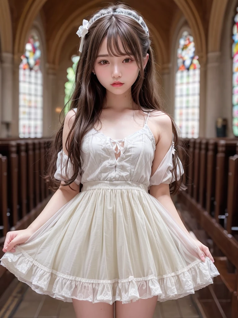 ((((flat chest)))),((1 girl)),((solo)),((highest quality)), (masterpiece),((High resolution)),beautiful girl,small face,low length,Japanese,************,(no makeup),hairstyle random,hair color random,perfect body,colorful lace dress,church,white panties