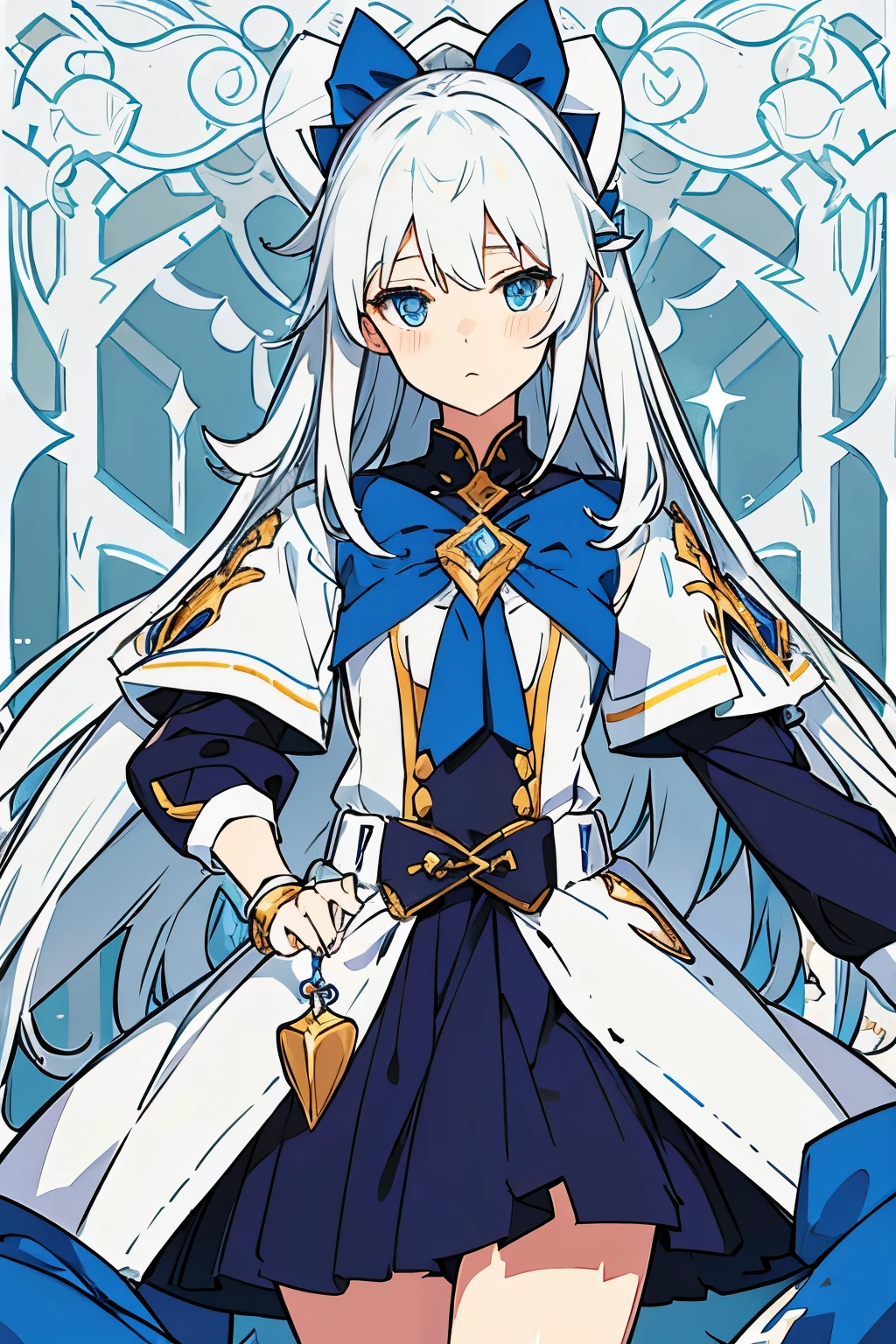 A 12-year-old magical girl with an expressionless face and a cold personality, long white hair, blue eyes, but justice, and exquisite painting style