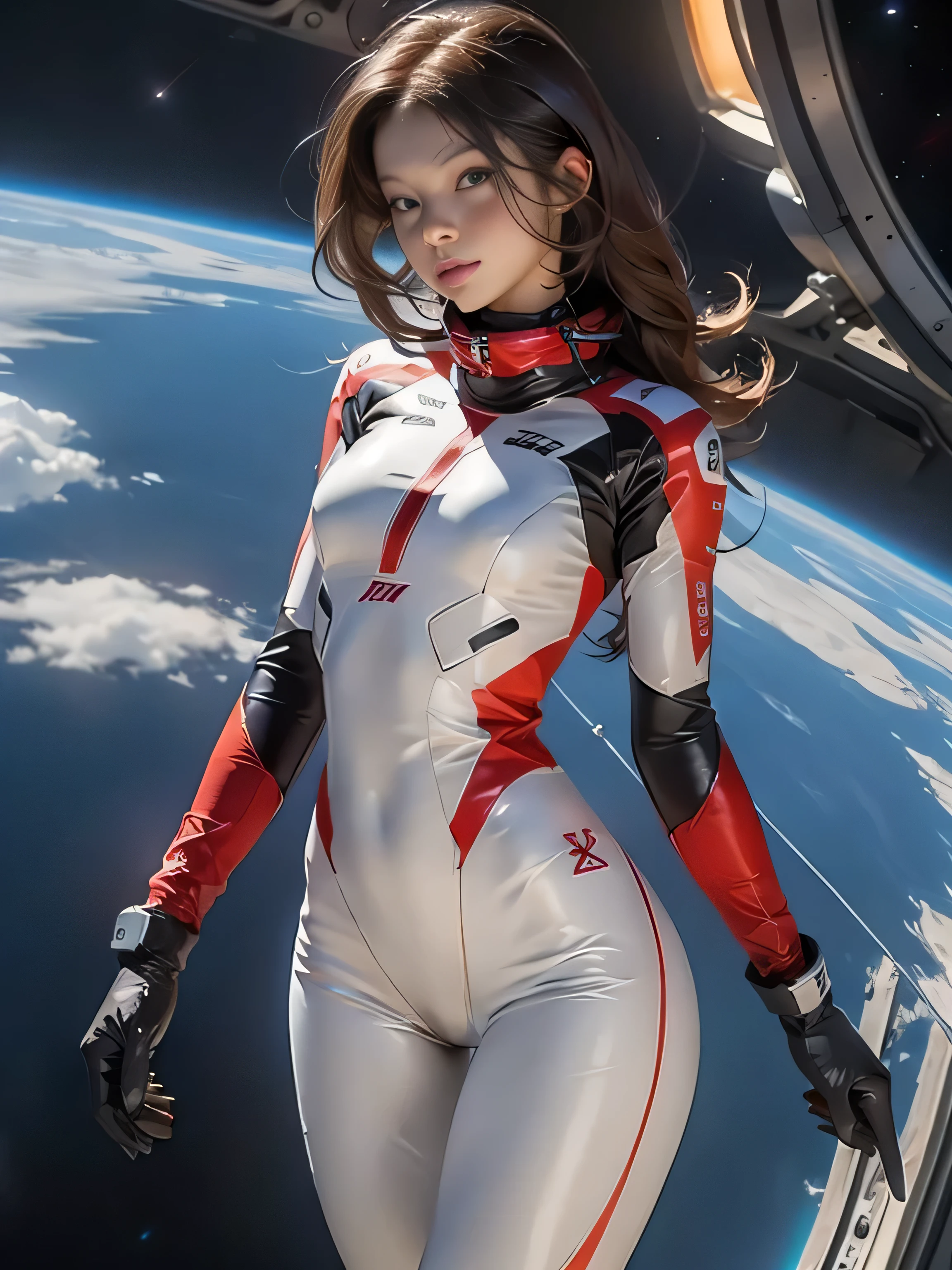 sandy hair muscular large breasts slender thighs slender waist pilot suit solo looking at viewer in space long hair blushing determination, Full body Shot