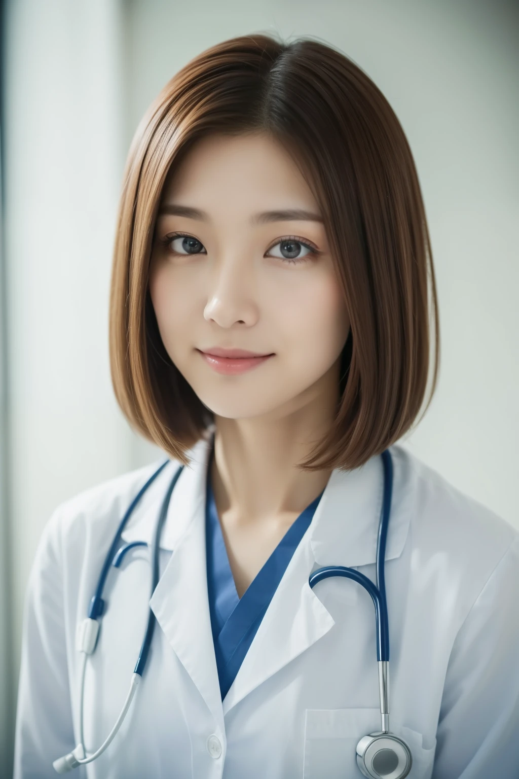 ((highest quality,8k,masterpiece:1.hot reality(1.4))、Full body Esbian,30 years old,Japan人女性,High resolution,(doctor uniform),(Cosplayers),light brown hair,short hair,Japan,composition of golden ratio,balanced perspective,delicate eyes、double eyelid,photo shoot,smile,sexy,hospital background,