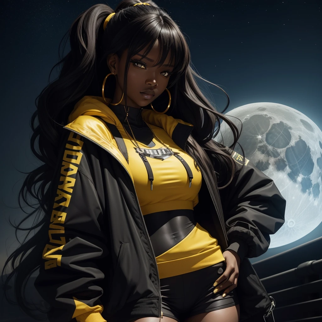 A captivating high-resolution solo portrait of Asuka Langley, a charismatic deep ebony 1girl with a stunningly beautiful face, accentuated by black lips and expressive green eyes. Her long, wavy hair cascades down her shoulders, adorned with dangling earrings and chunky cuban link jewelry. Qualitatively dressed in a sleek yellow and black outfit that includes a backpack and a hoody jacket, she embodies the essence of sports leisure and cybernetically enhanced mechanics. Positioned against the backdrop of a moon base, where spaceships, satellites, and moon rovers dominate the landscape, Asuka exudes an aura of