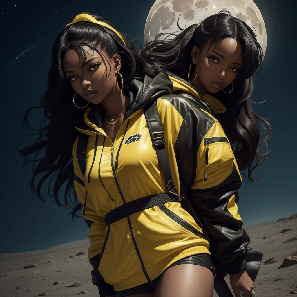 A captivating high-resolution solo portrait of Asuka Langley, a charismatic deep ebony 1girl with a stunningly beautiful face, accentuated by black lips and expressive green eyes. Her long, wavy hair cascades down her shoulders, adorned with dangling earrings and chunky cuban link jewelry. Qualitatively dressed in a sleek yellow and black outfit that includes a backpack and a hoody jacket, she embodies the essence of sports leisure and cybernetically enhanced mechanics. Positioned against the backdrop of a moon base, where spaceships, satellites, and moon rovers dominate the landscape, Asuka exudes an aura of