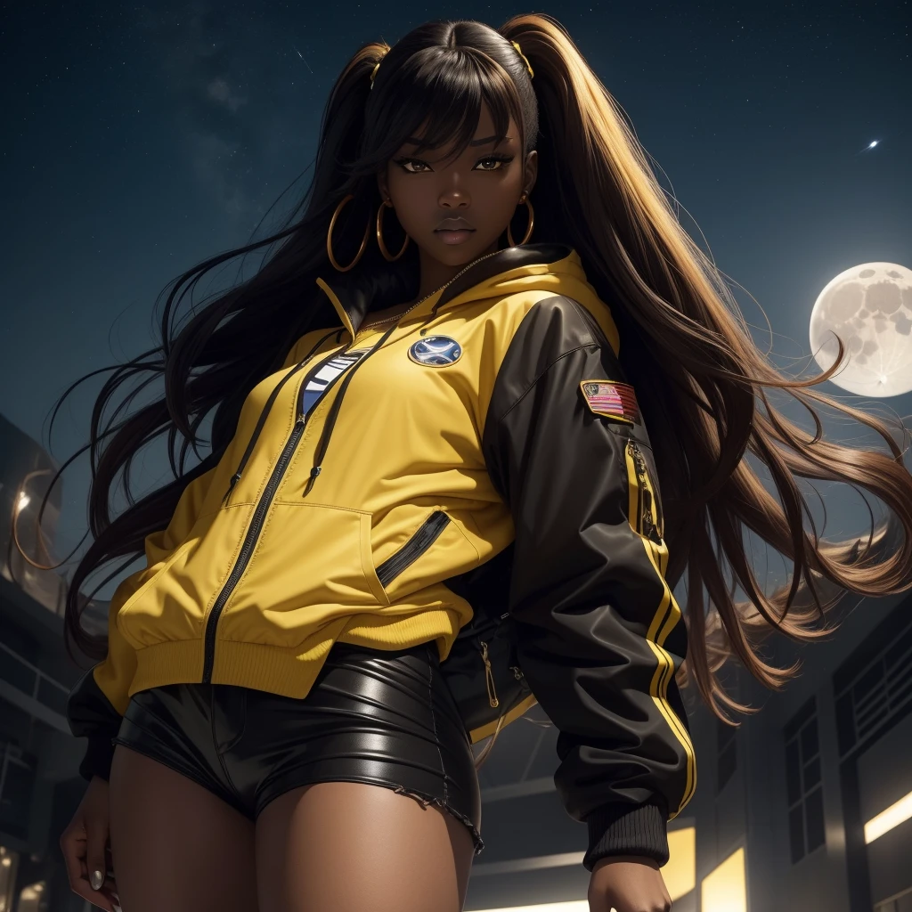 A captivating high-resolution solo portrait of Asuka Langley, a charismatic deep ebony 1girl with a stunningly beautiful face, accentuated by black lips and expressive green eyes. Her long, wavy hair cascades down her shoulders, adorned with dangling earrings and chunky cuban link jewelry. Qualitatively dressed in a sleek yellow and black outfit that includes a backpack and a hoody jacket, she embodies the essence of sports leisure and cybernetically enhanced mechanics. Positioned against the backdrop of a moon base, where spaceships, satellites, and moon rovers dominate the landscape, Asuka exudes an aura of