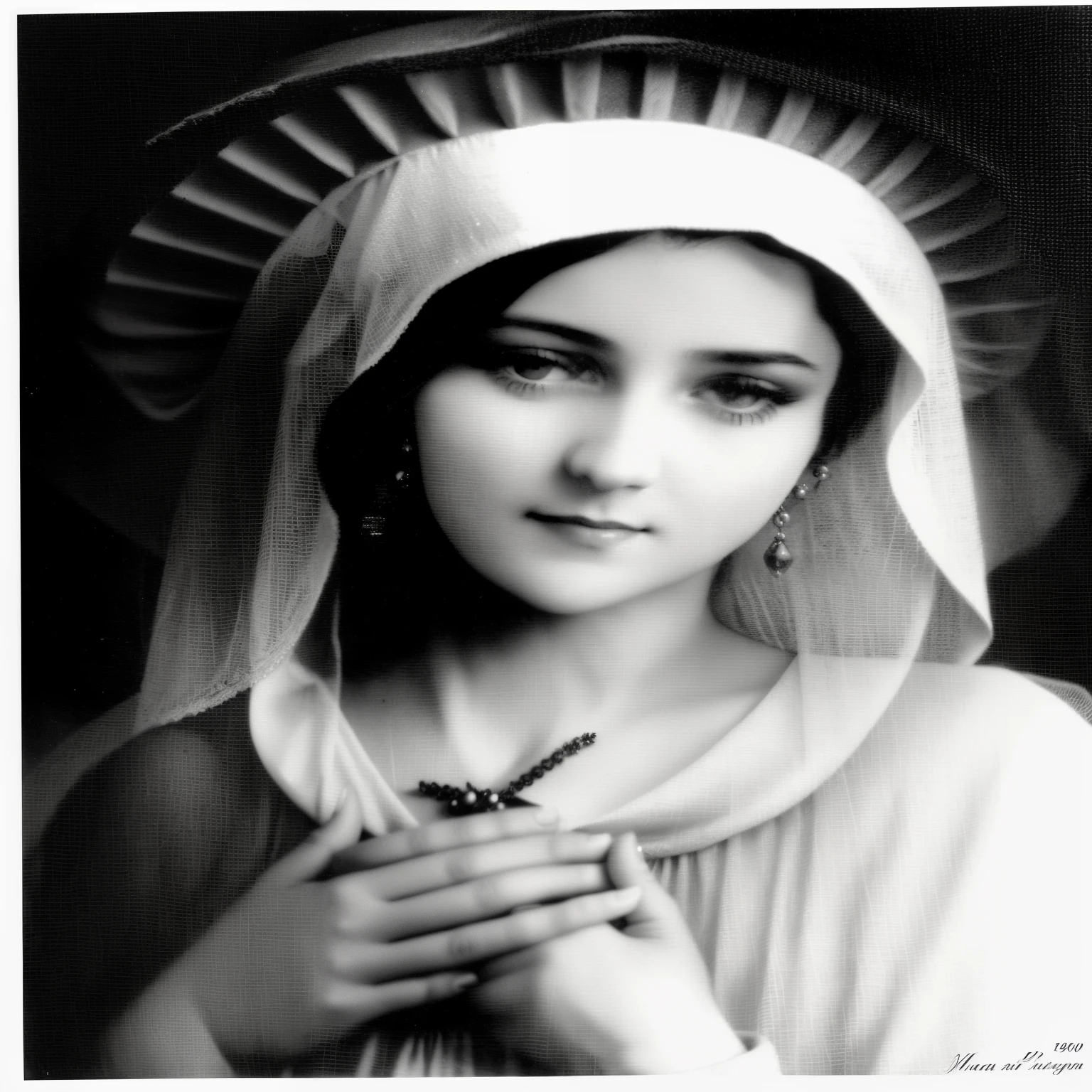A black and white photo of a woman with a veil on, portrait of Virgem Maria, Virgem Maria, retrato detalhado de madona, Mary in a sanctuary, majestic Santa Mulher, queen of heaven, Foto de 1900, Foto de 1 9 0 0, retrato de madona, inspirado em Mary Cameron, Santa Mulher, retrato de obra-prima religiosa, Direction: Otto Stark, sagrado