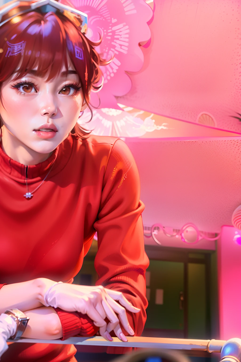 Alafid woman in red sweater leaning on railing in office, short hair, Sun Yunzhu, Parking distance - minutes, iu Li Zhien as a super villain, Li Zhien, Li Zhien, Shin Min Jung, Jia, Cui Xianhua, cute korean actress, actress from korea, bob haircut