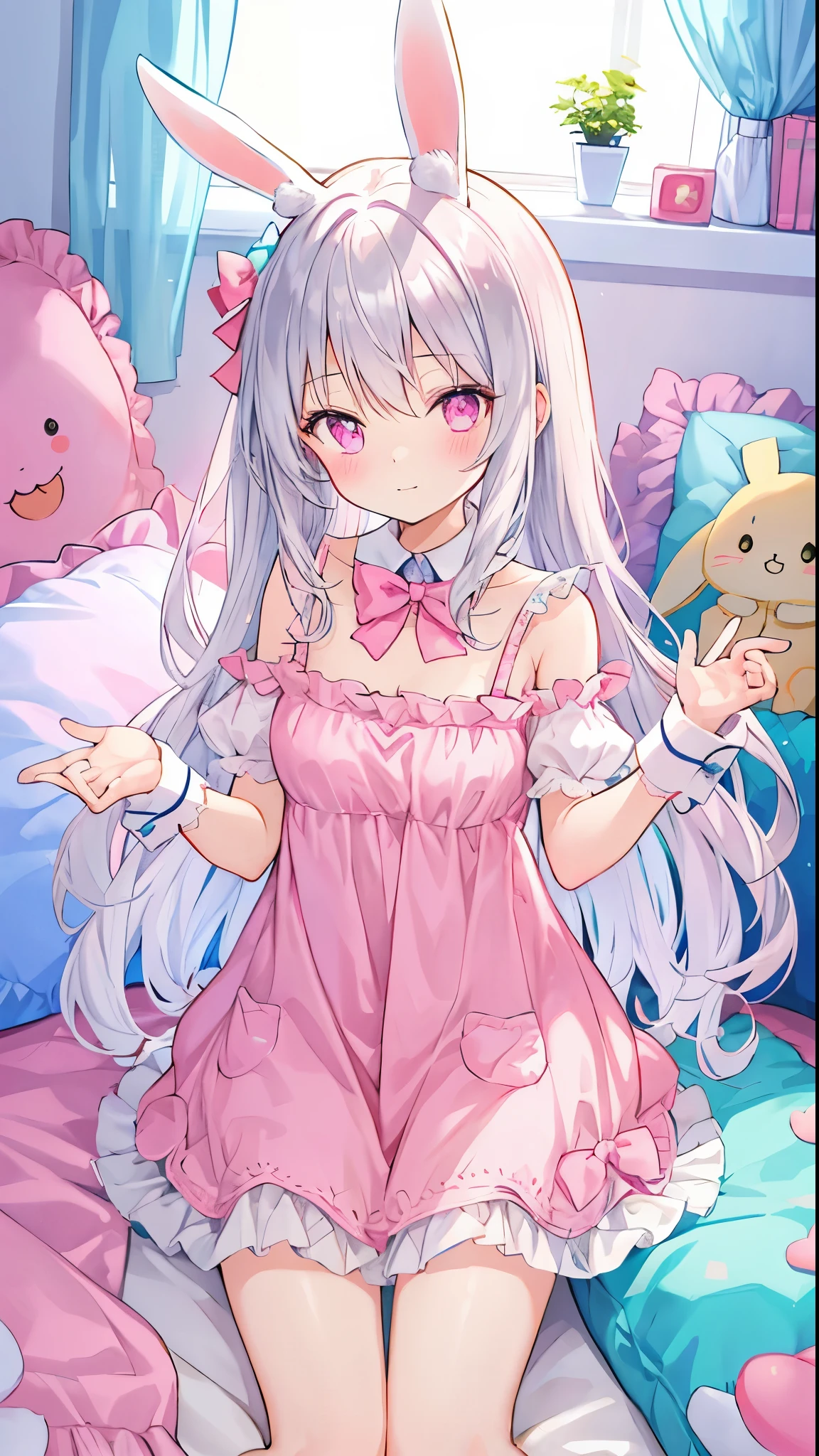 beautiful illustration, best quality, cute girl, bedroom, pastel color, fluffy bunny ears, , silver long hair, rabbit stuffed toy, bright lighting, light pink eyes