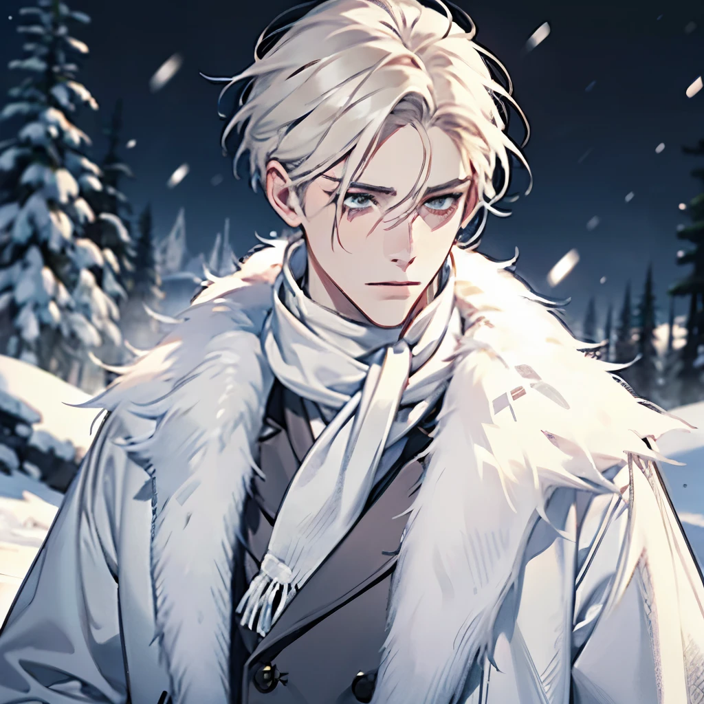 A manly male, face focus, face picture, snow background, pale blonde, pale skin, white eyes, white fur clothes, cold, clothes made of animal skin, Eskimo, furry scarf