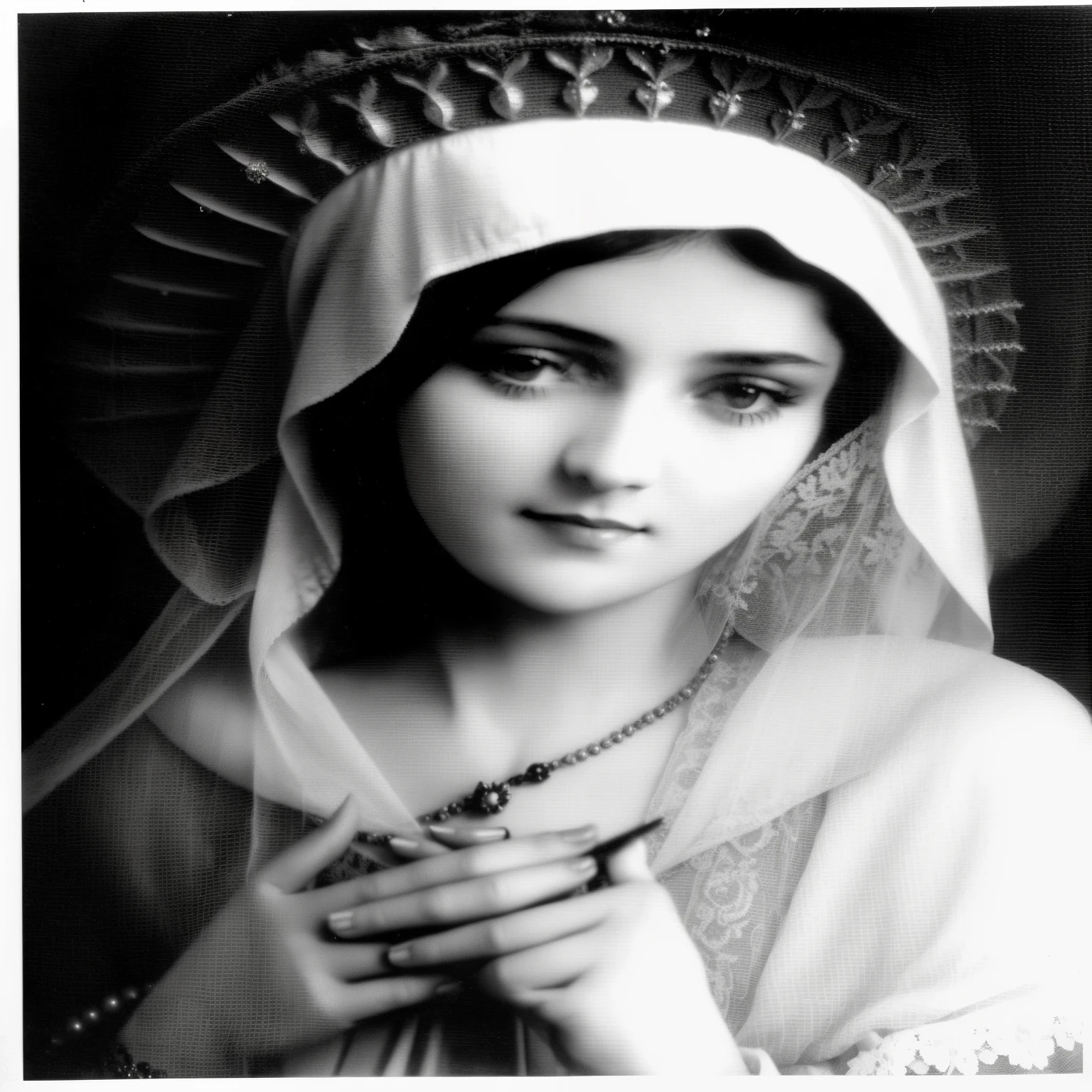 A black and white photo of a woman with a veil on, portrait of Virgem Maria, Virgem Maria, retrato detalhado de madona, Mary in a sanctuary, majestic Santa Mulher, queen of heaven, Foto de 1900, Foto de 1 9 0 0, retrato de madona, inspirado em Mary Cameron, Santa Mulher, retrato de obra-prima religiosa, Direction: Otto Stark, sagrado