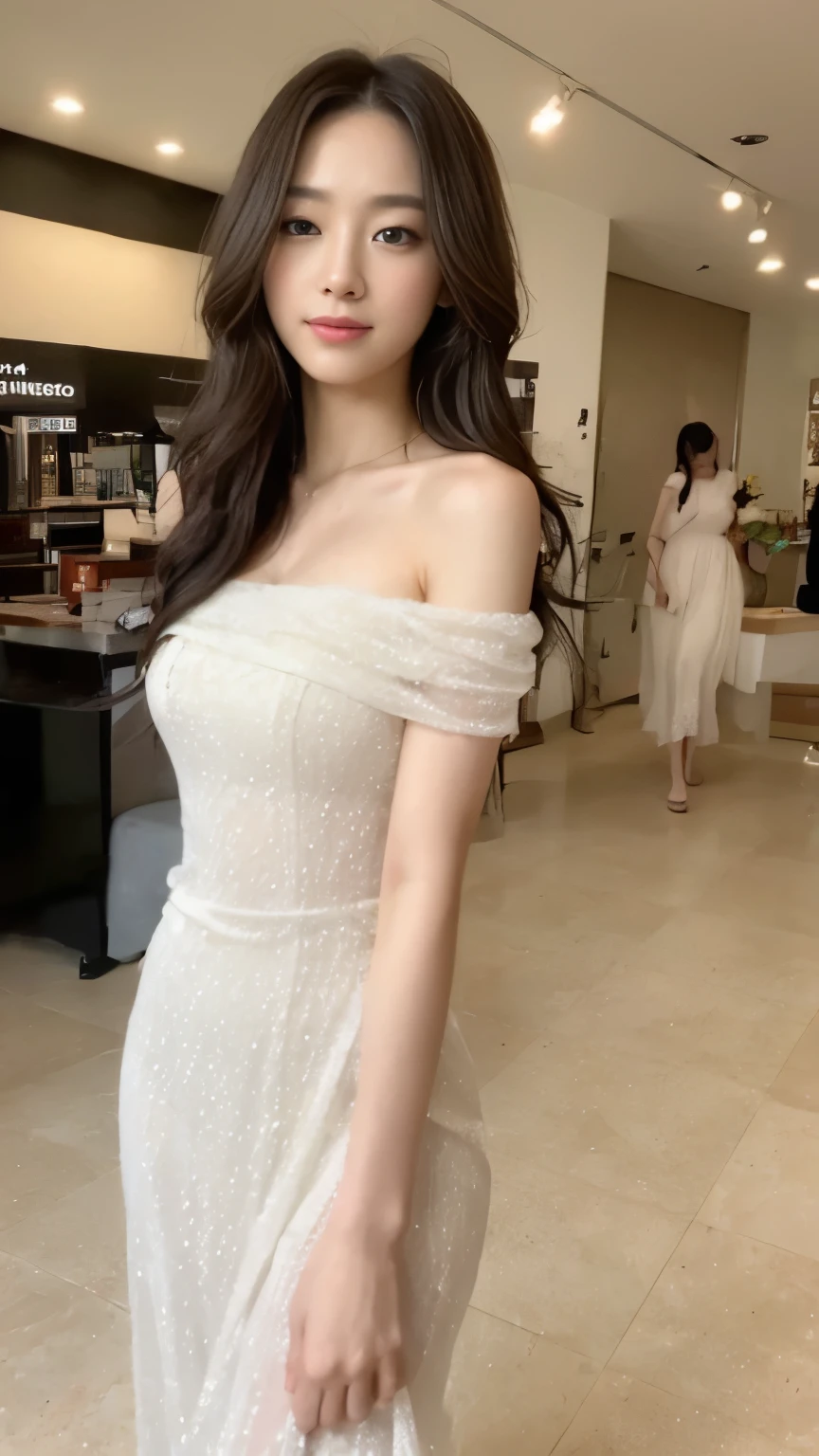 ((top-quality、8k、masterpiece:1.3))、Beautiful woman with perfect body:1.4、slim abdomen:1.2、Longhair, normal breast, Highly detailed facial and skin texture, A detailed eye, delicate eyes, double eyelid, (smile), (full body shot), ((shopping mall)), (standing), (((wearing white long dress )), looking in front, food