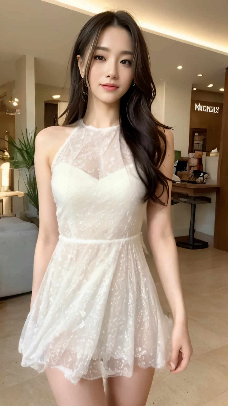 ((top-quality、8k、masterpiece:1.3))、Beautiful woman with perfect body:1.4、slim abdomen:1.2、Longhair, normal breast, Highly detailed facial and skin texture, A detailed eye, delicate eyes, double eyelid, (smile), (full body shot), ((shopping mall)), (standing), (((wearing white long dress )), looking in front, food