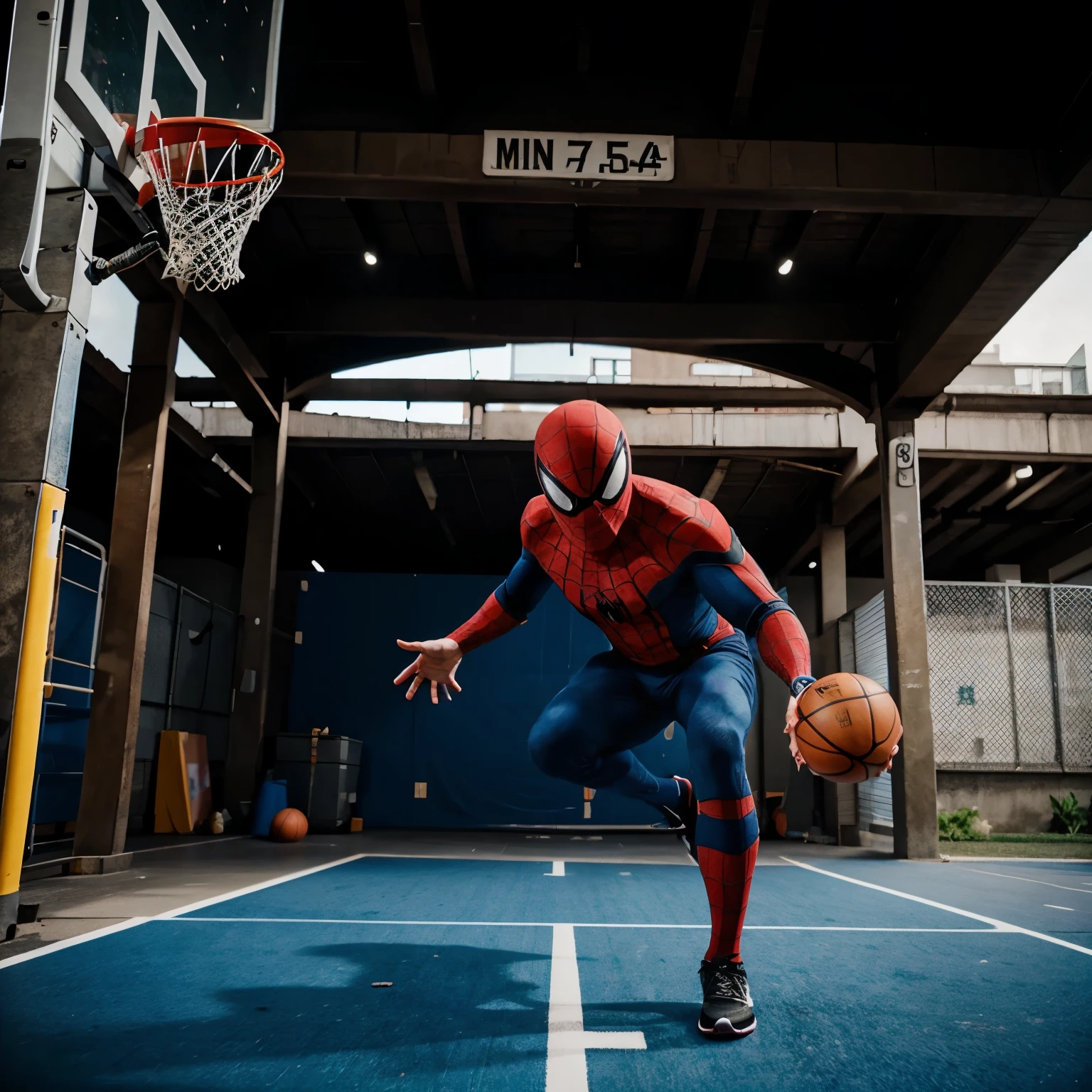 Spider-Man throws the ball into the basketball hoop in flight