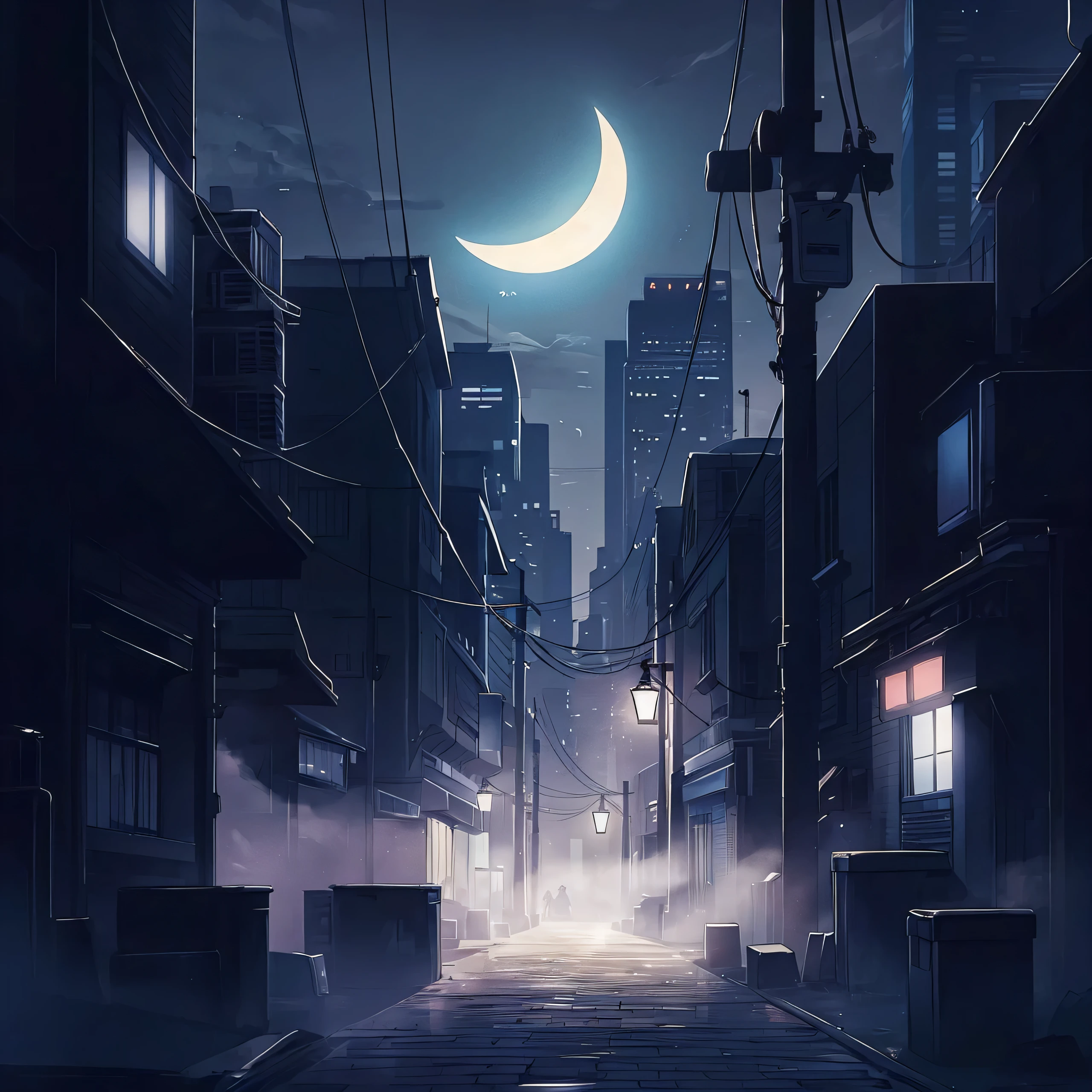(masterpiece:1.2, best quality), (intricate details, depth of field), background, foggy city street, crescent moon