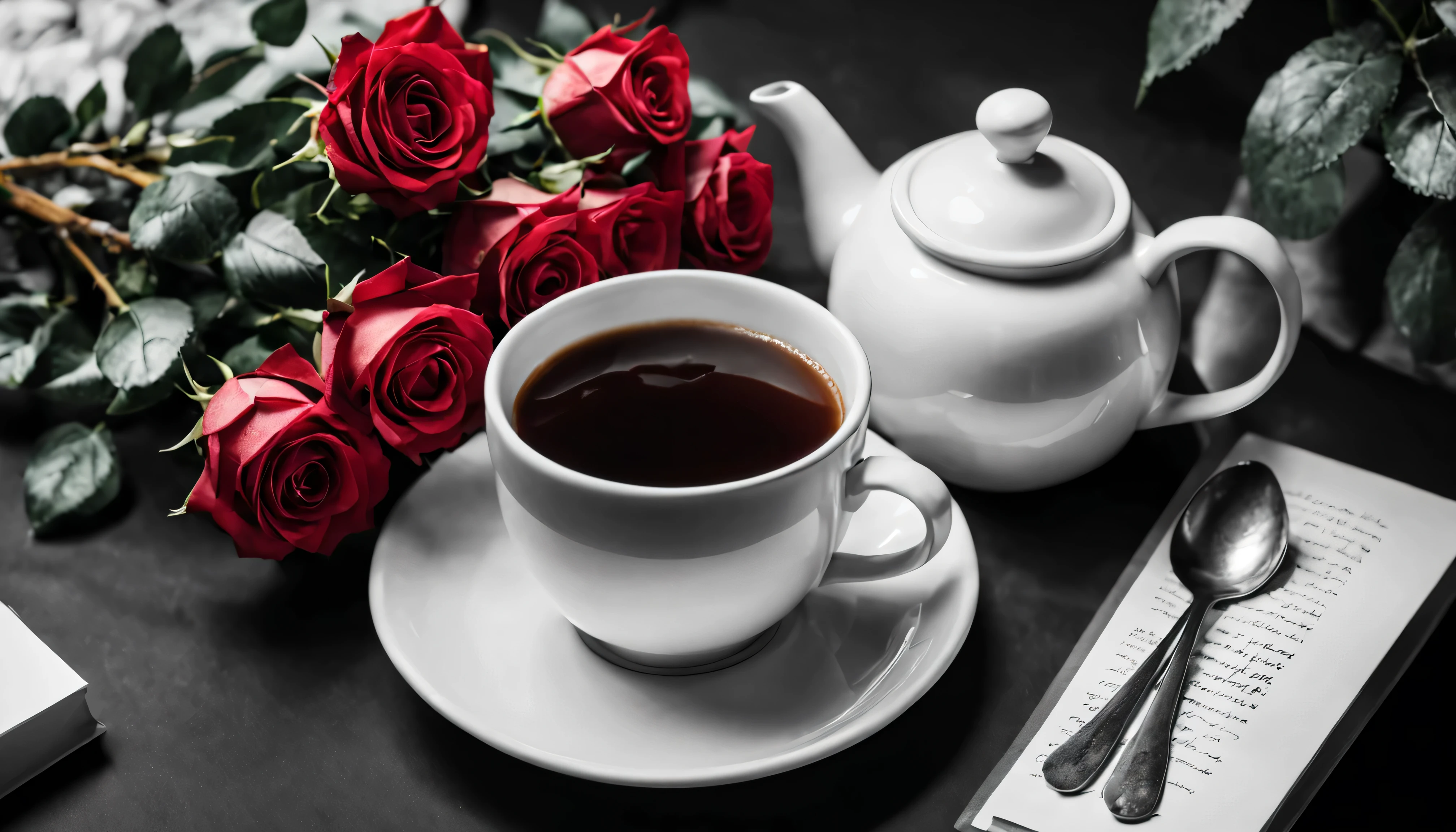 black and white photo of a a cup of coffee,A bouquet of red roses flat lay. Flick, Art, hot coffee, steaming coffee, full of steaming coffee, a cup of coffee, ☕ on the table, morning coffee, Yes ((drink a tea)), black and white), coffee smell, Drink coffee, black and white color aesthetic(best quality,4k,8k,high resolution,masterpiece:1.2),super detailed.Contrast of light and shadow.leave blank