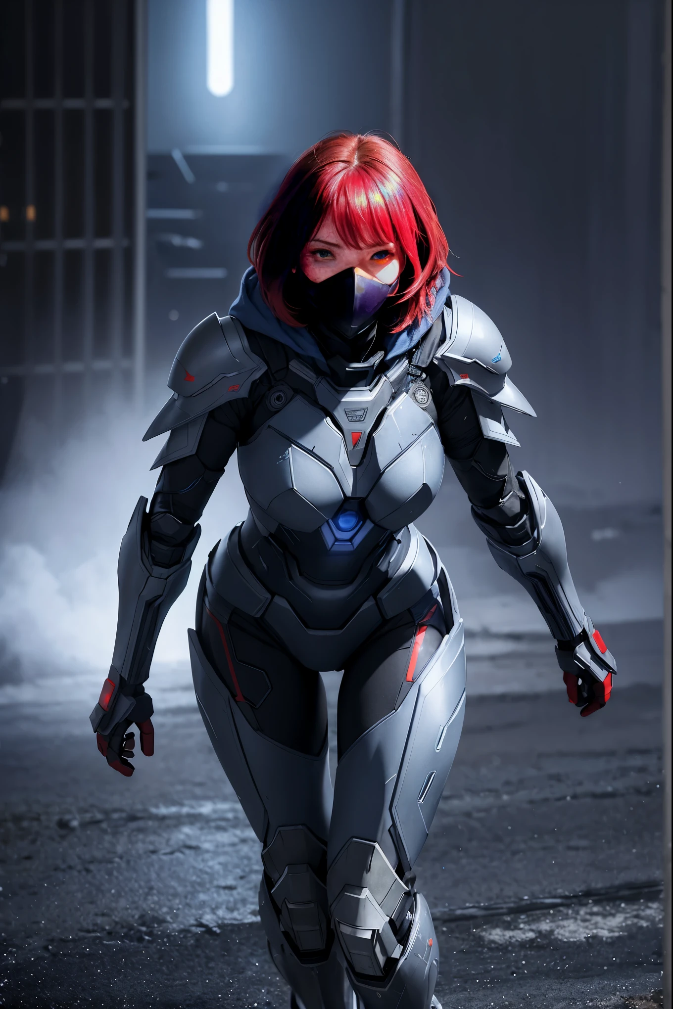 Advance armored girl, grey hood and cape, background dark space battlefield, heavy rain, red short hair, blue glowing beautiful eyes, (full body shot), blue glowing lined simple armor plate, dark environment, high detailed face, Advance mask, intense war,