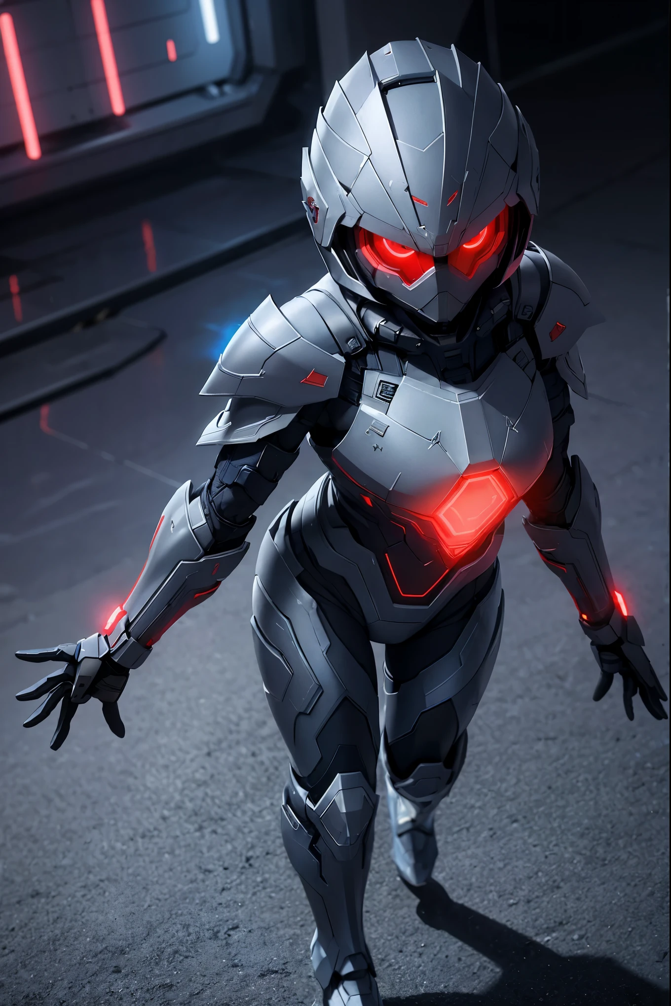 Advance armored girl, grey hood and cape, background dark space battlefield, heavy rain, red short hair, blue glowing beautiful eyes, (full body shot), blue glowing lined simple armor plate, dark environment, high detailed face, Advance mask, intense war,