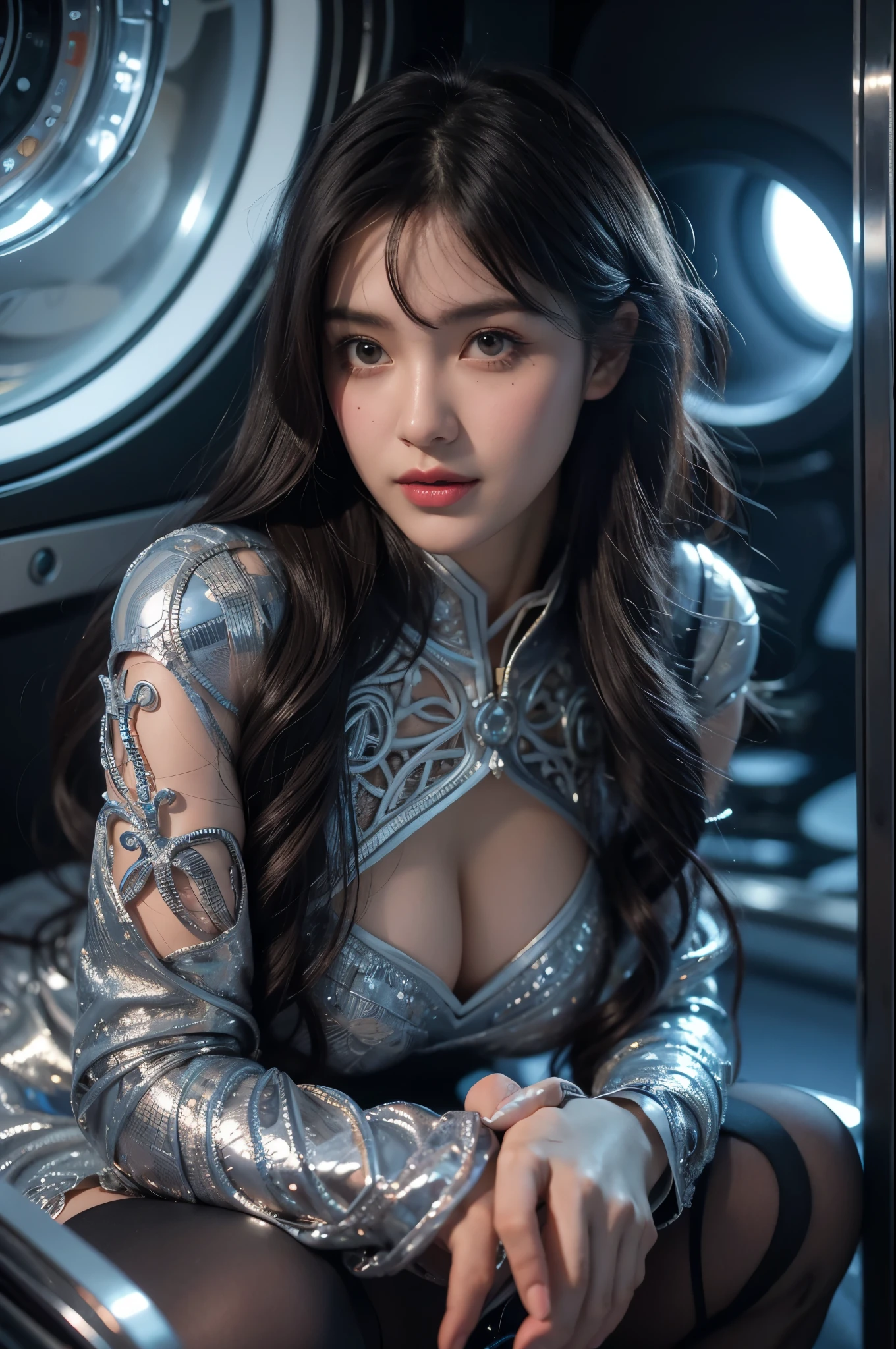 offcial art, Unity 8k wallpaper, Ultra detailed, Beautiful and aesthetic, Beautiful, Masterpiece, Best quality, (zentangle, mandalas, Tangled, entangle), Girl,ssmile, (ta costume tights), Long anxious black hair, eyes blue, little breast, Chrome plated robot parts, Luxurious cyberpunk, robot, Clean luxury spacecraft, Science fiction, stasis pod, Fetal position