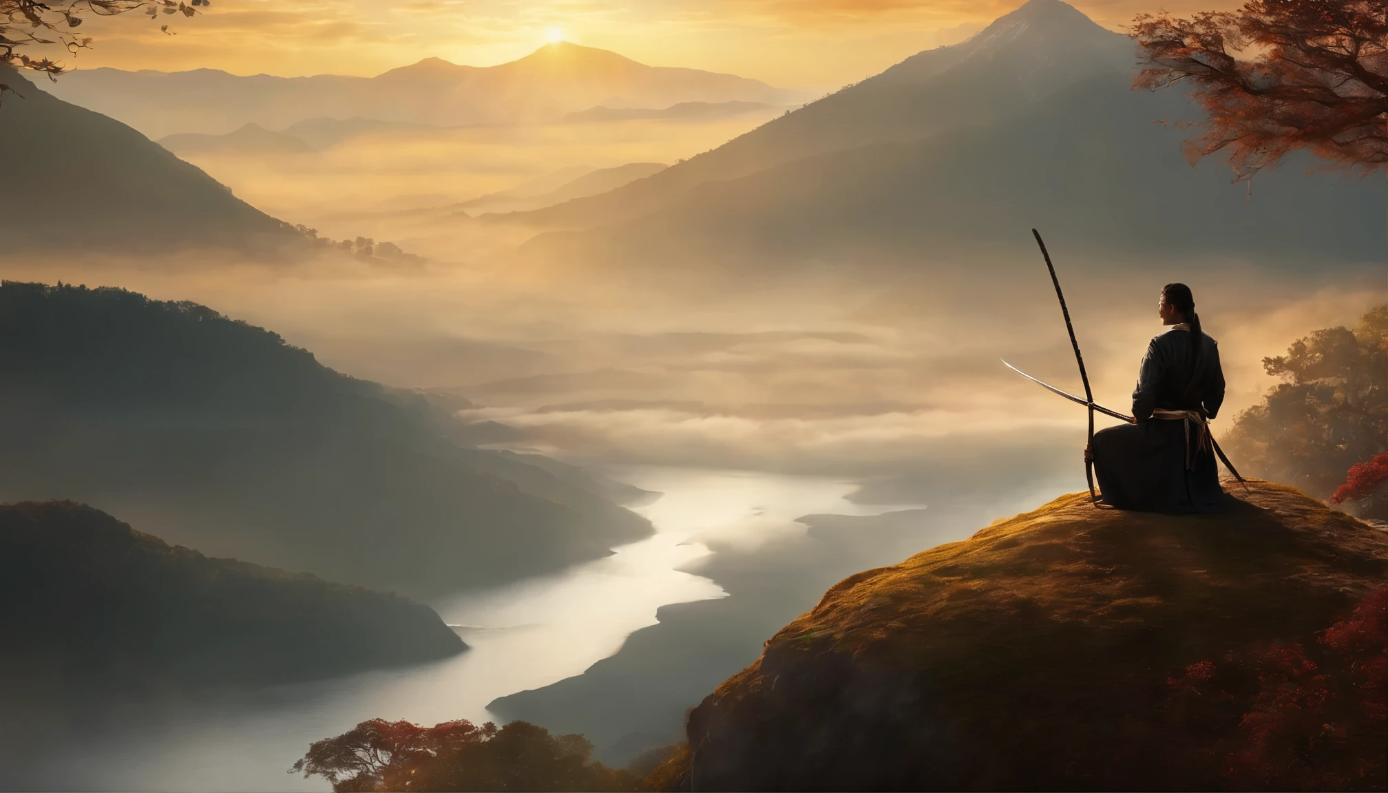 Craft an evocative image capturing the essence of "The Book of Five Rings" by Miyamoto Musashi. A lone warrior, bathed in the soft glow of dawn, stands atop a windswept hill, katana drawn and eyes focused. Behind them, five rings intertwine, each representing a different element of strategy – Earth, Water, Fire, Wind, and Void – symbolizing the holistic approach to combat and life mastery. The image should convey a sense of discipline, focus, and the eternal pursuit of excellence.