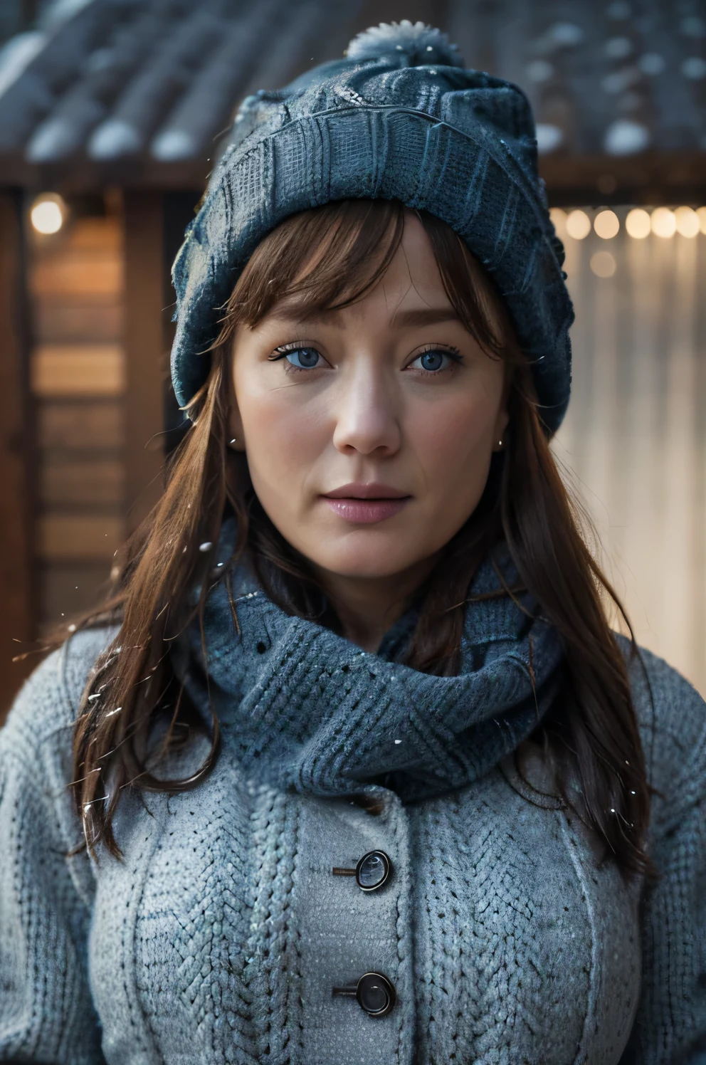 best quality, 4k, 8k, ultra highres, raw photo in hdr, sharp focus, intricate texture, skin imperfections, photograph of ((Jennifer Ehle)) with a large bust, dark blue wool beanie and winter scarf in the snow wearing a light brown winter jacket, brunette hair, intricate details, snowing