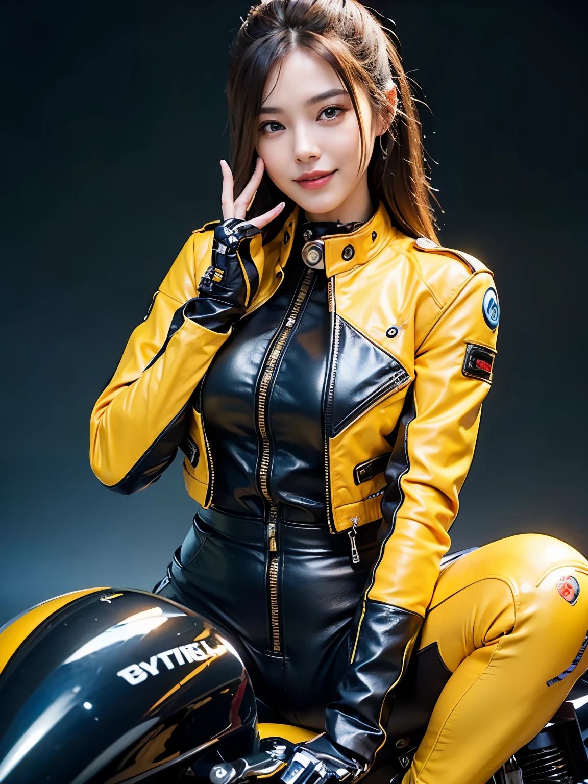 ((best quality)), ((masterpiece)), ((perfect face))、（(detailed motorcycle)）、Detailed and clear photos、((Cyborg Woman))、((Yellow long sleeve riding jacket and leather pants))、((riding a motorcycle))、((cybernetics))、slender body、((Woman with mechanical body))、communication headset、(((steel fingers)))、(((The body is mechanized)))、full body shot、The background is a futuristic city、smile