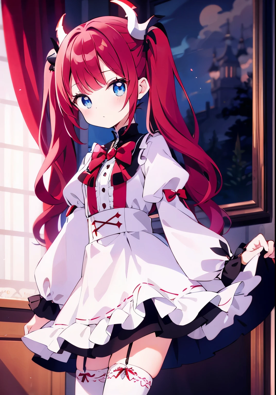 red hair,blue eyes,twintails, long hair, long sleeves, gothic, solo, ,Short skirt, white stockings,{{best quality}}, {{masterpiece}}, {{ultra-detailed}}, {illustration}, {detailed light}, {an extremely delicate and beautiful},litte,dragon horns