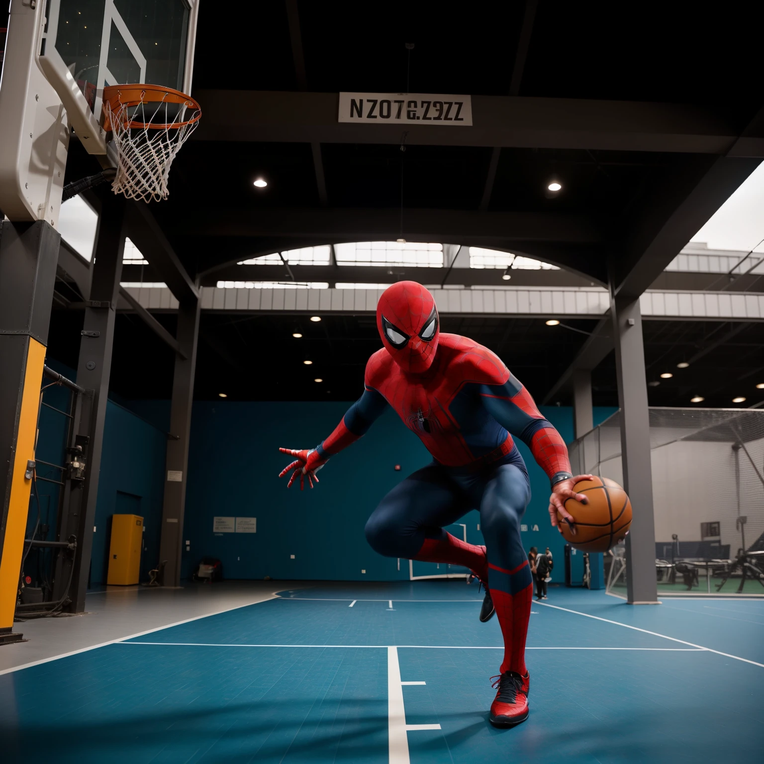 spider - a man in a blue suit plays basketball on the court, Filmed on Sony A 7 iii, Peter Parker as Spider-Man, portrait of spiderman, shot on canon eos r 5, shot on canon eos r5, High-quality action photography, character photography, Shot with anamorphic lenses, Filmed on Sony A 7, athlete photo, Shot on Nikon z9