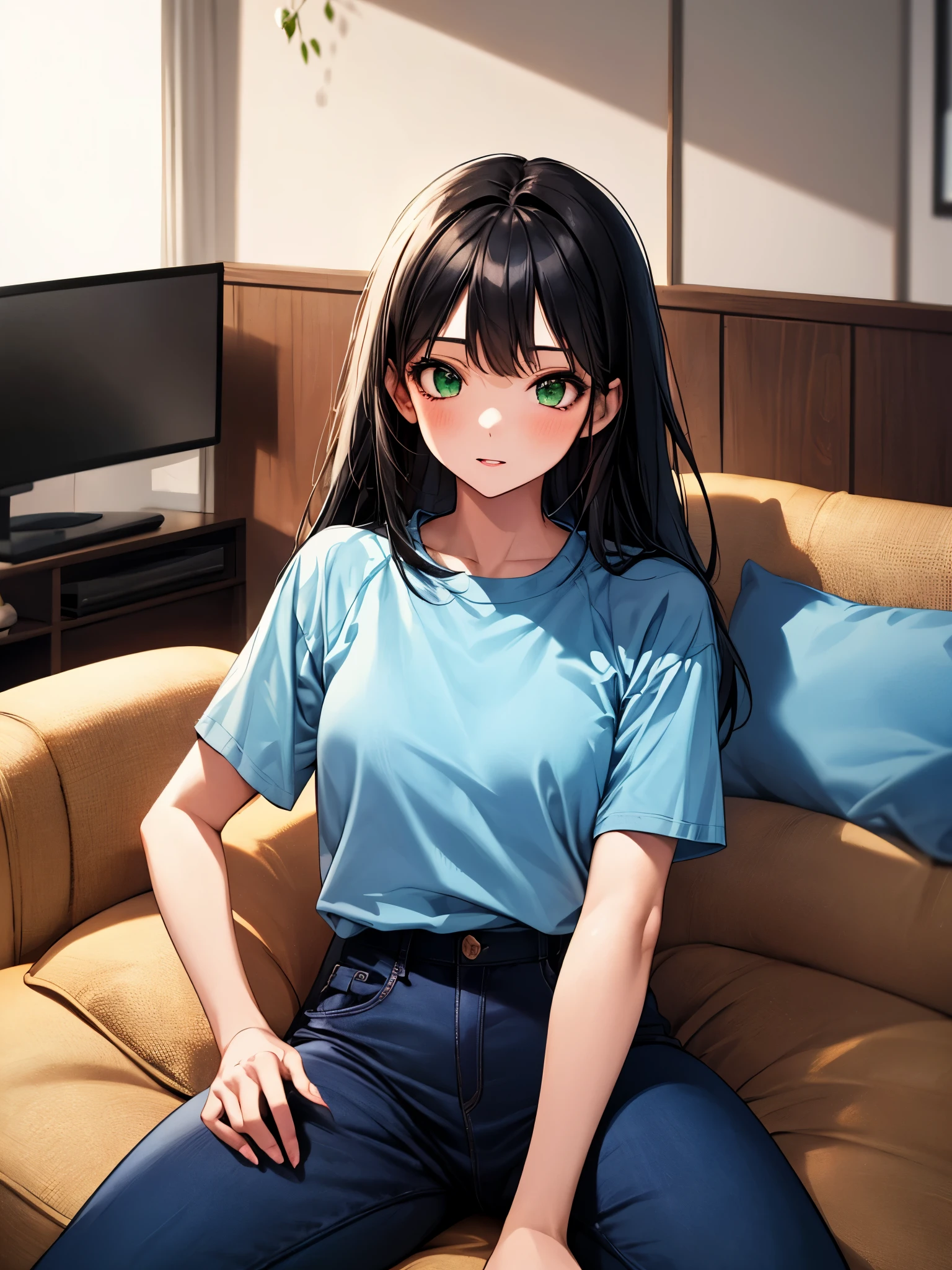 masterpiece, highest quality, 1 girl, green eyes、long black hair, blue jersey, navy blue pants、living room at home