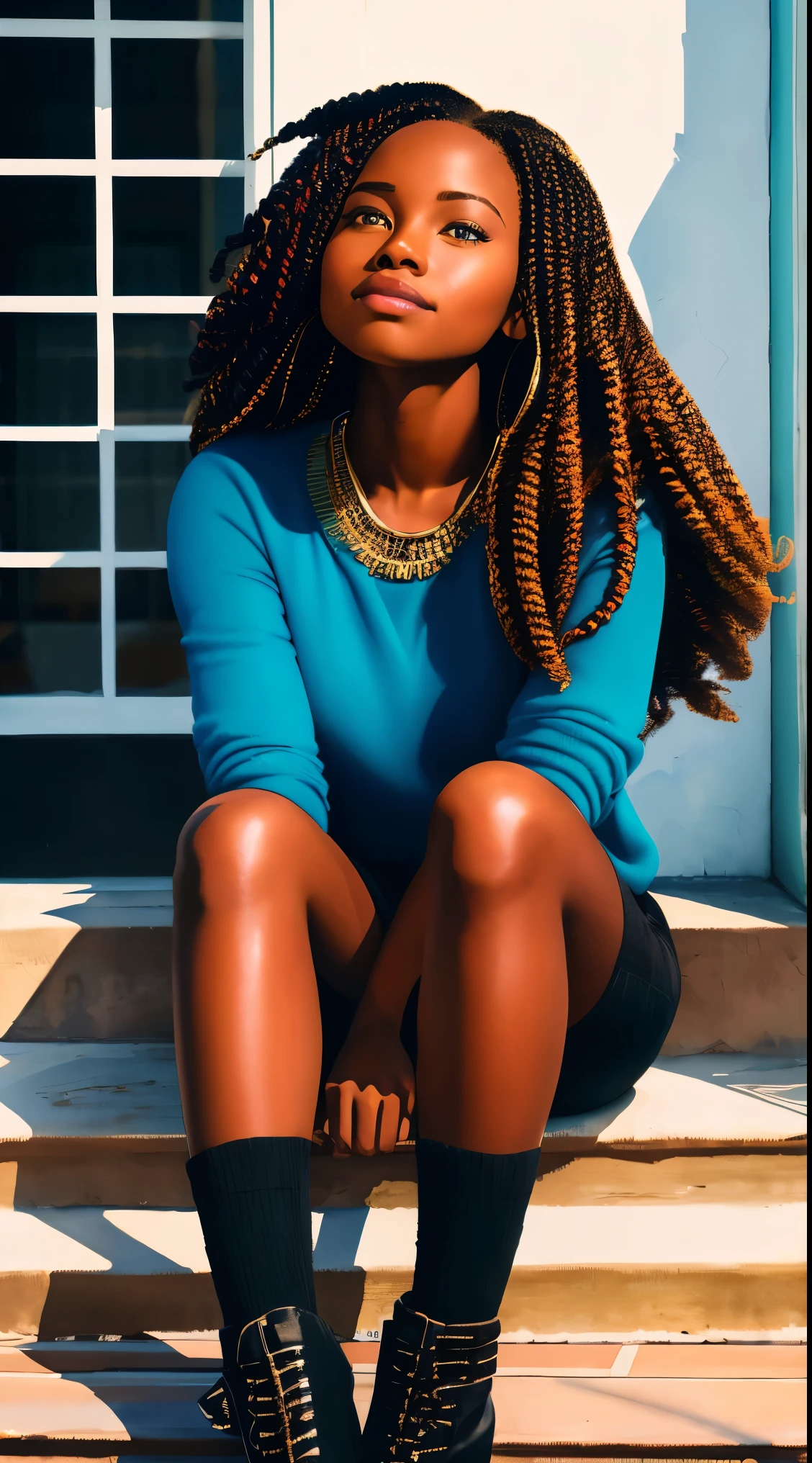 a woman with a long hair, inspired by Chinwe Chukwuogo-Roy, pretty black girl, african american girl, black teenage girl, sitting near a window, natural_light, watercolor portrait, trending on artstration, apathetic, shiny curly braids, highly detailed, 8k, uhd, full body shot, well dressed african fashion, beautiful, smilling face, good look, best quality, hight quality,standing shot ,good pose, 