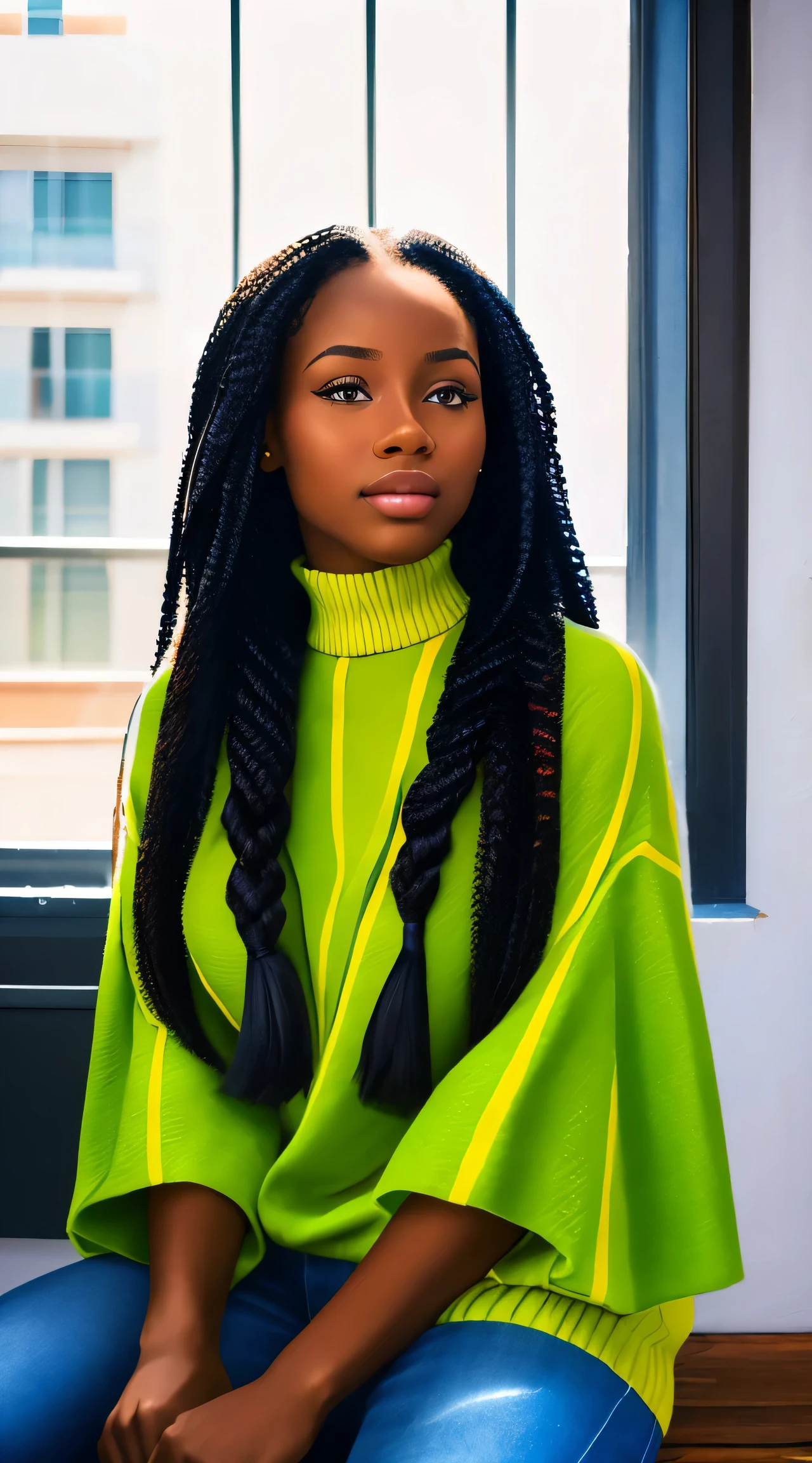 a woman with a long hair, inspired by Chinwe Chukwuogo-Roy, pretty black girl, african american girl, black teenage girl, sitting near a window, natural_light, watercolor portrait, trending on artstration, apathetic, shiny curly braids, highly detailed, 8k, uhd, full body shot, well dressed african fashion, beautiful, smilling face, good look, best quality, hight quality,standing shot ,good pose,