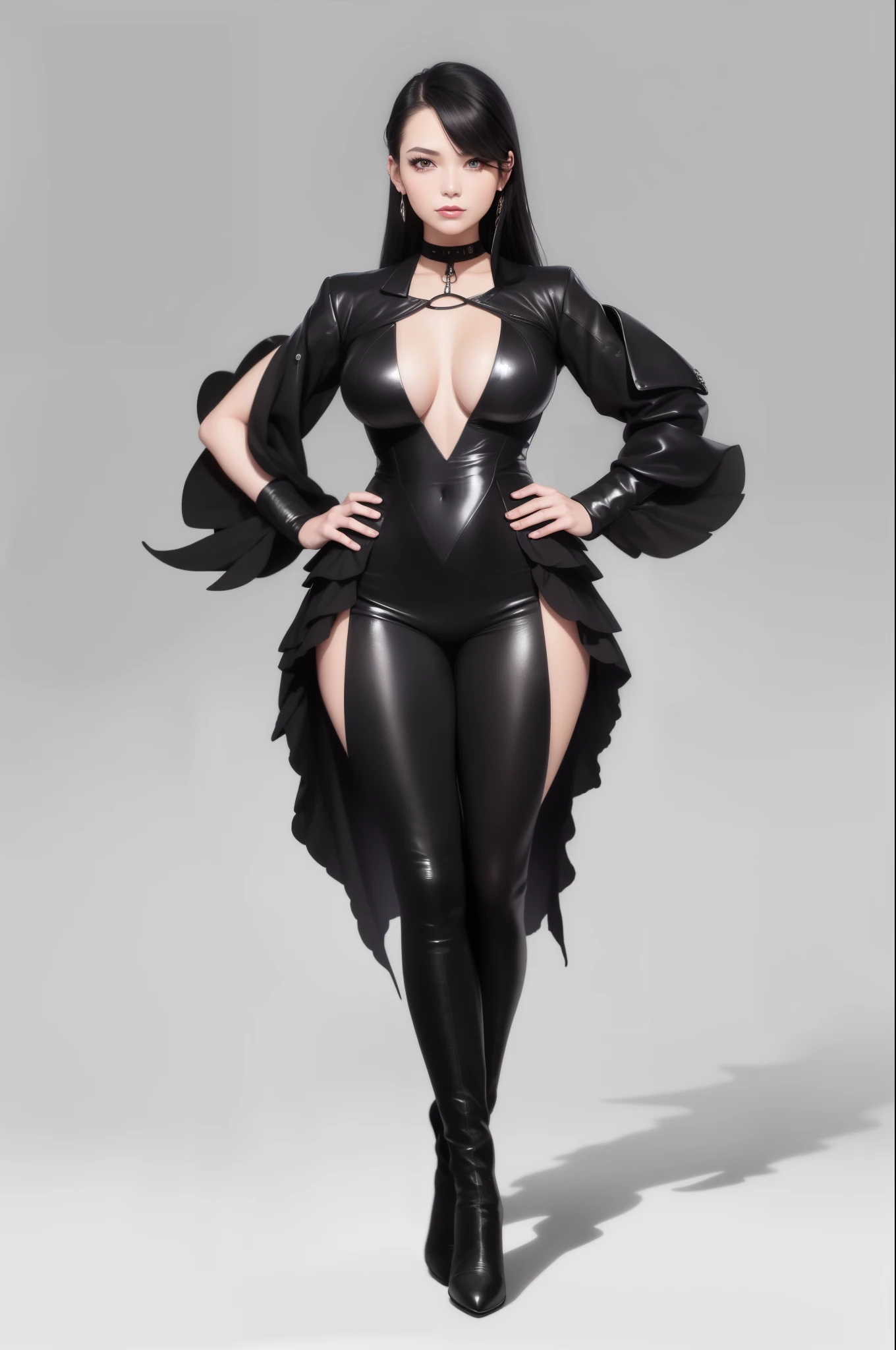 a woman in a black outfit and boots standing with her hands on her hips, beautiful full body concept art, by Oliver Sin, fashion concept art, detailed full body concept, rossdraws 1. 0, concept art | artgerm, style artgerm, by Yang J, rossdraws digital painting, style of artgerm, anime woman fullbody art