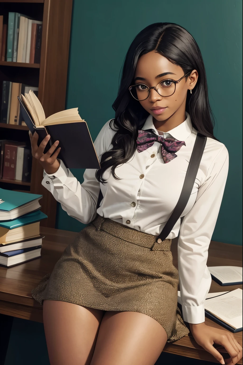 African American female, medium complexion, with a sprinkle of freckles. Standing at 5'8, https://image.cdn2.seaart.ai/2024-02-03/cmv327te878c73e1qsl0/db495e33023cac2d7aa62adc0c8d72779794008c_high.webp reading a book, dressed as a sexy librarian, candid shot sitting on a desk, wearing a mini skirt, half buttoned shirt, glasses