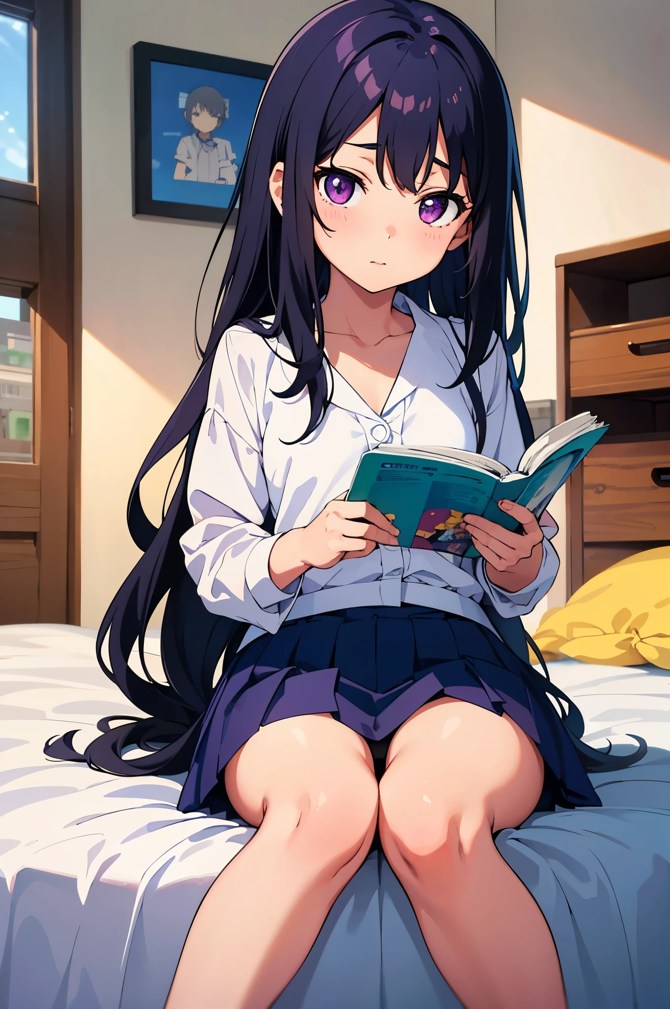 elementary school girl 8-year-old flat chest black hair long hair eyes are purple ((1 person)) White upper body blouse Lower body navy blue miniskirt white panties girl's room sitting on the bed opening and reading a magazine((white pantiesが見える)) from the front Lower body center angle