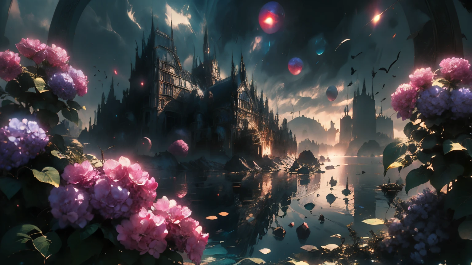 Hydrangeas, park, lake, small hill, pebble path, wallpaper, art deco, High detail, Cubist Futurism, surrealism, modern, gothic art, atmospheric perspective, panorama, perspective, Diffraction spikes, Masterpiece, Best quality, anatomically correct, High details, 8K