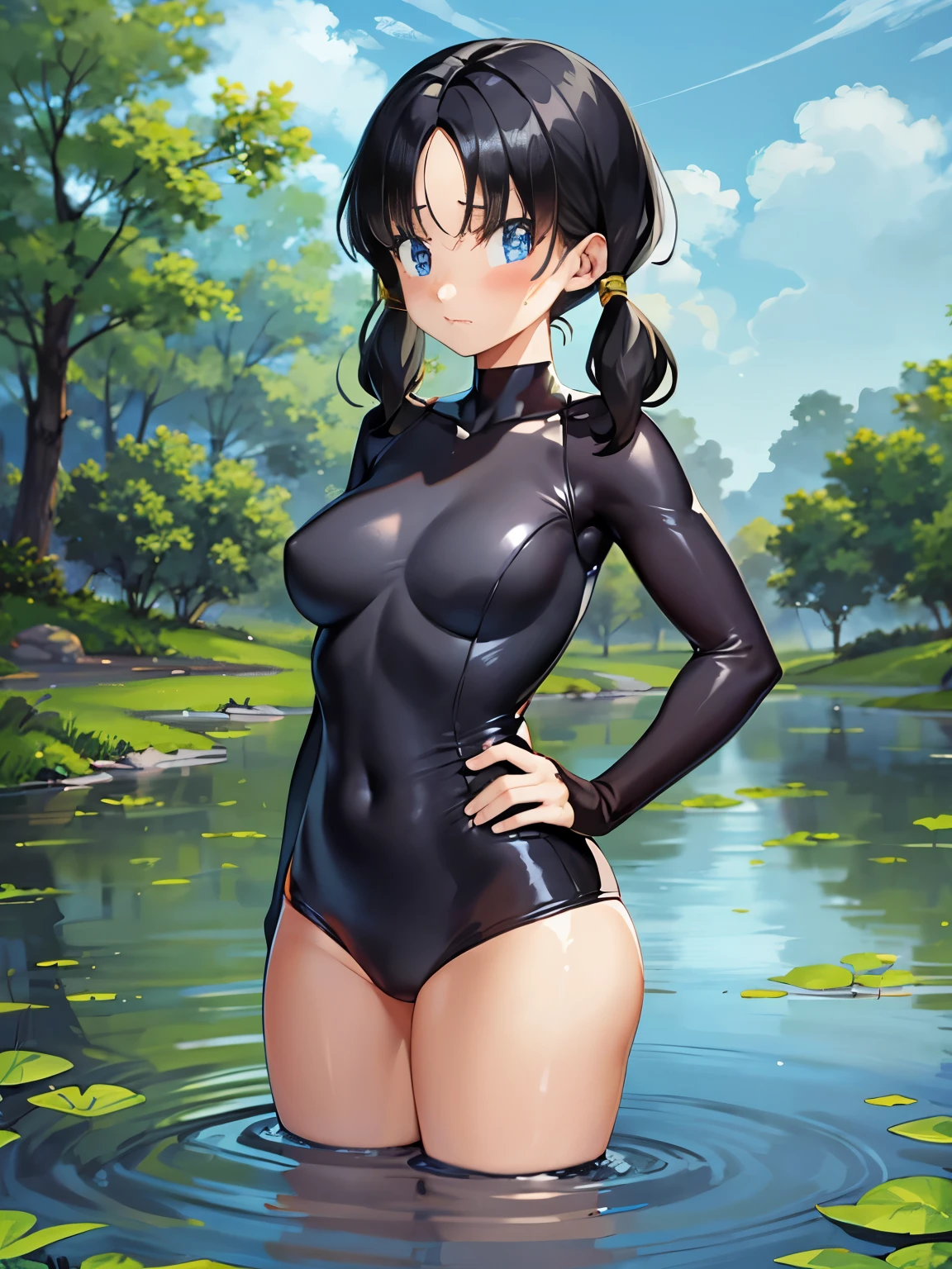 masterpiece, highest quality, High resolution, girl,saw 2, blue eyes, black hair, Low twintails and short cut, medium breasts, frown,blush, girl1名,  Black tight suit,streak,place both hands on hips, looking at the viewer。black quagmire,Wandering in the swamp,the sky is cloudy,The water surface is black and murky,