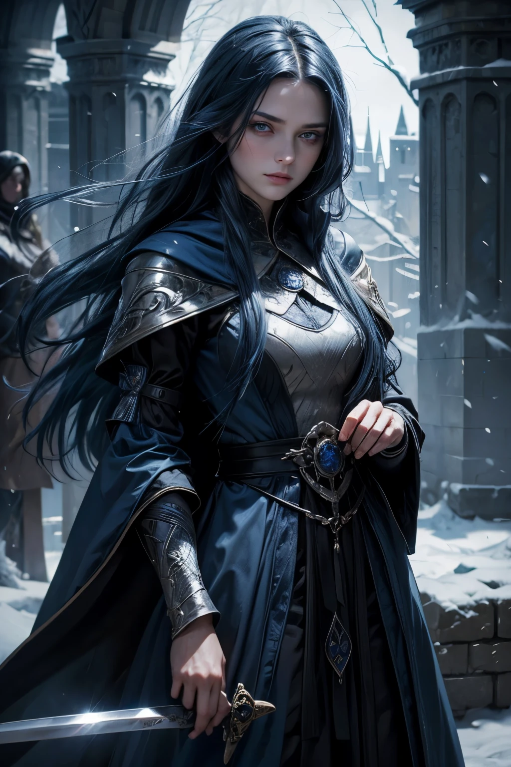 girl with blue beautiful long hair, blue eyes, in a medieval long closed dress, in a winter coat, scarred hands, Beautiful face, stern face, cold face, with sword in hands, Masterpiece, high quality, dark fantasy, closed long dress, sad face, blue long hair, very pale face