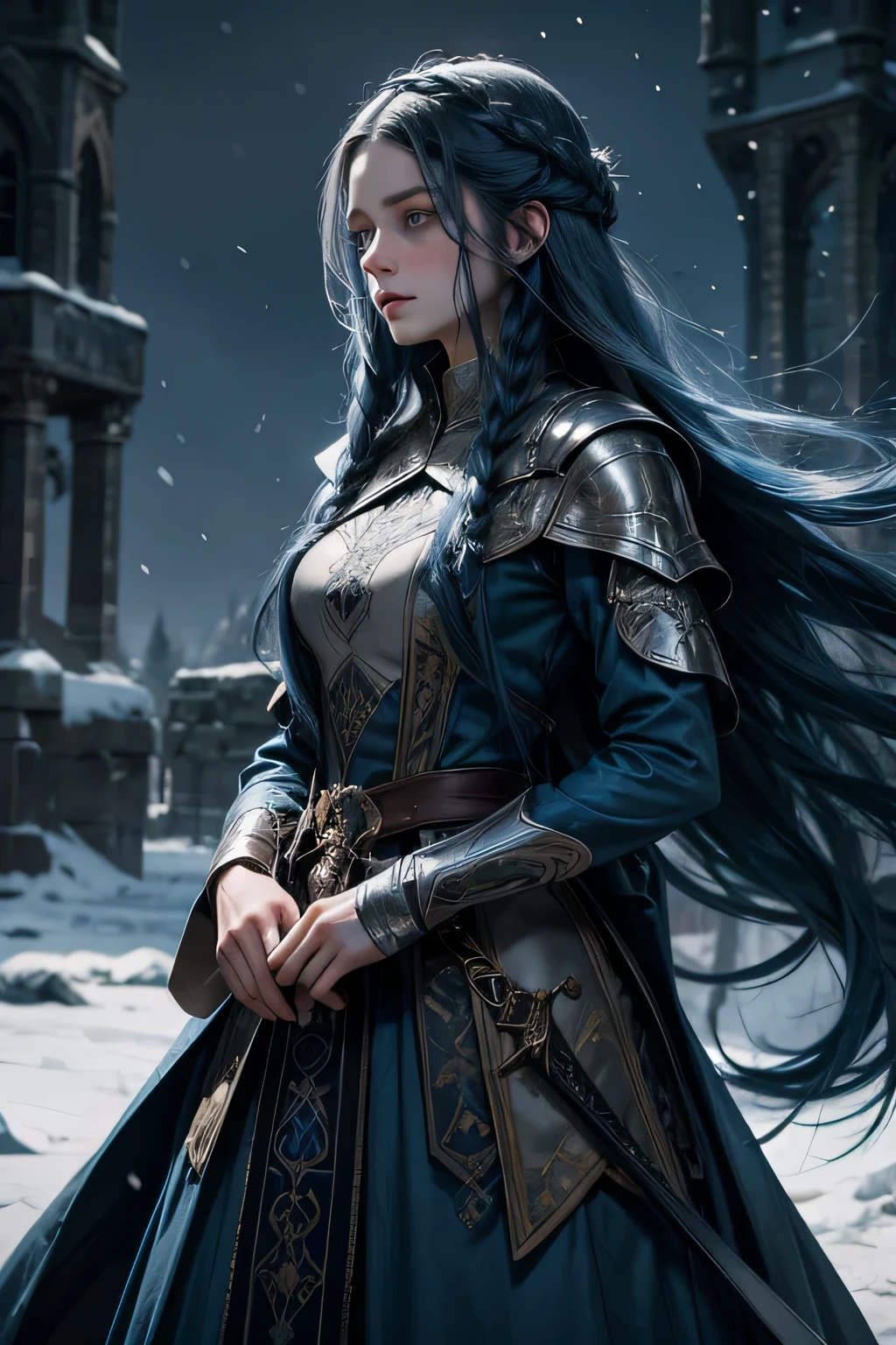 girl with blue beautiful long hair, Blue eyes, in a medieval long closed dress, in a winter coat, Scars on the hands, Beautiful face, Stern face, cold face, with sword in hands, Masterpiece, high quality, dark fantasy, closed long dress, sad face, blue long hair, very pale face, green meadows behind