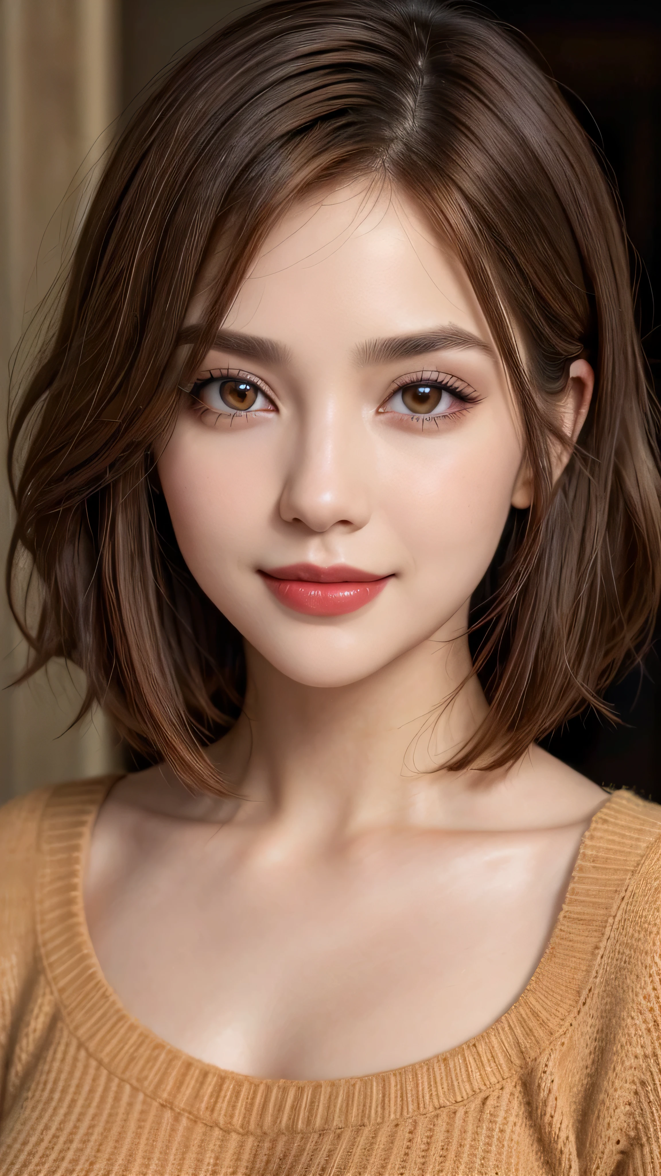 beautiful woman, smiling, masterpiece, best quality, ultra detailed, photo realistic, full upper body, portrait, shiny eyes, detailed face, beautiful eyes, brown eyes, detailed eyeshadows, brown hair, uneven shag middle parting hairstyle, red lip, makeup, (attractive:1.5), sharp focus, puffy eyes, (short hair:1.3), orange high neck sweater, (beautiful:1.5)